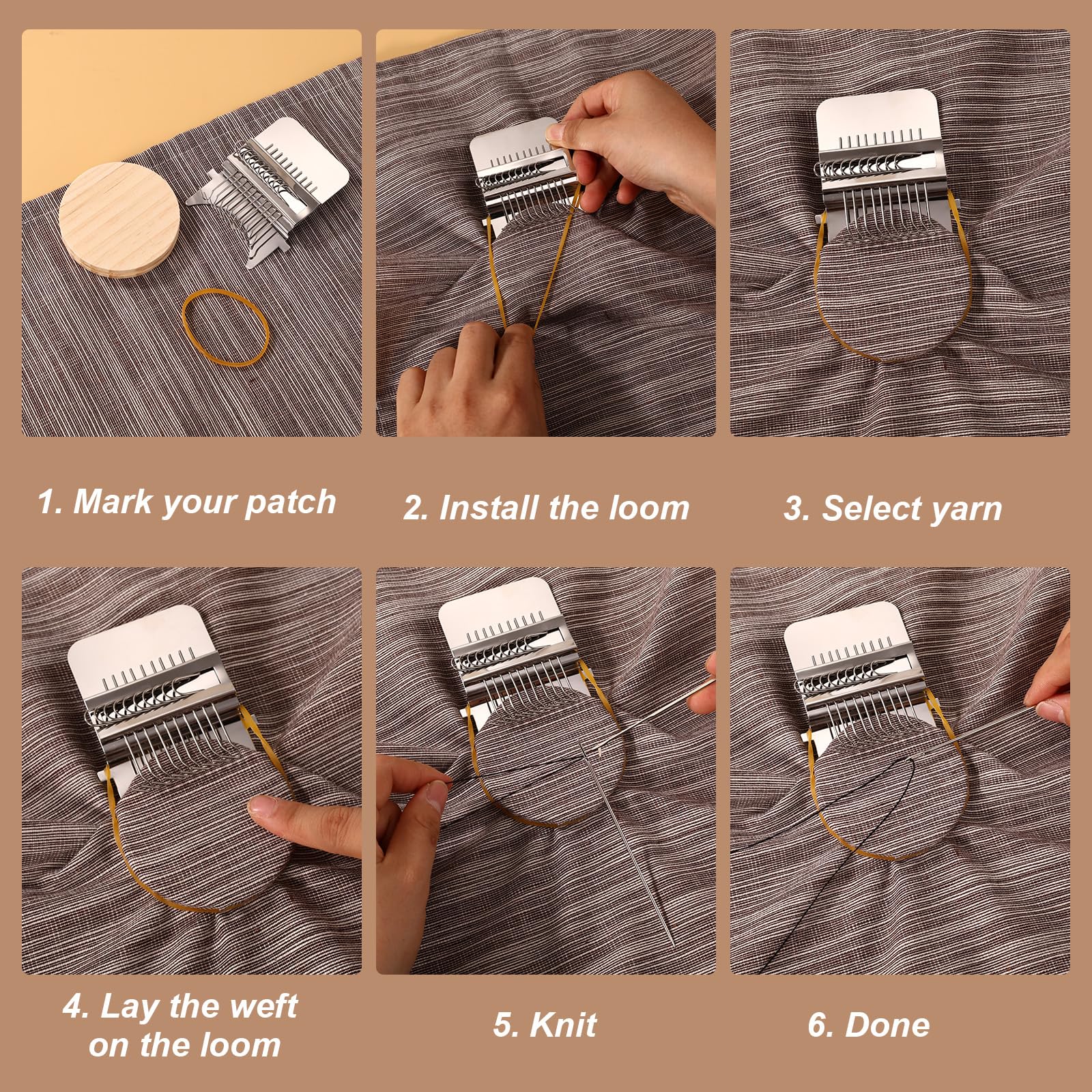 Mini Telar para Zurcir, con Agujas de Acero Inoxidable Tablero Redondo Madera Goma Elástica y Jeringa para Vaqueros Calcetines Reparación Ropa Tejido y Manualidades