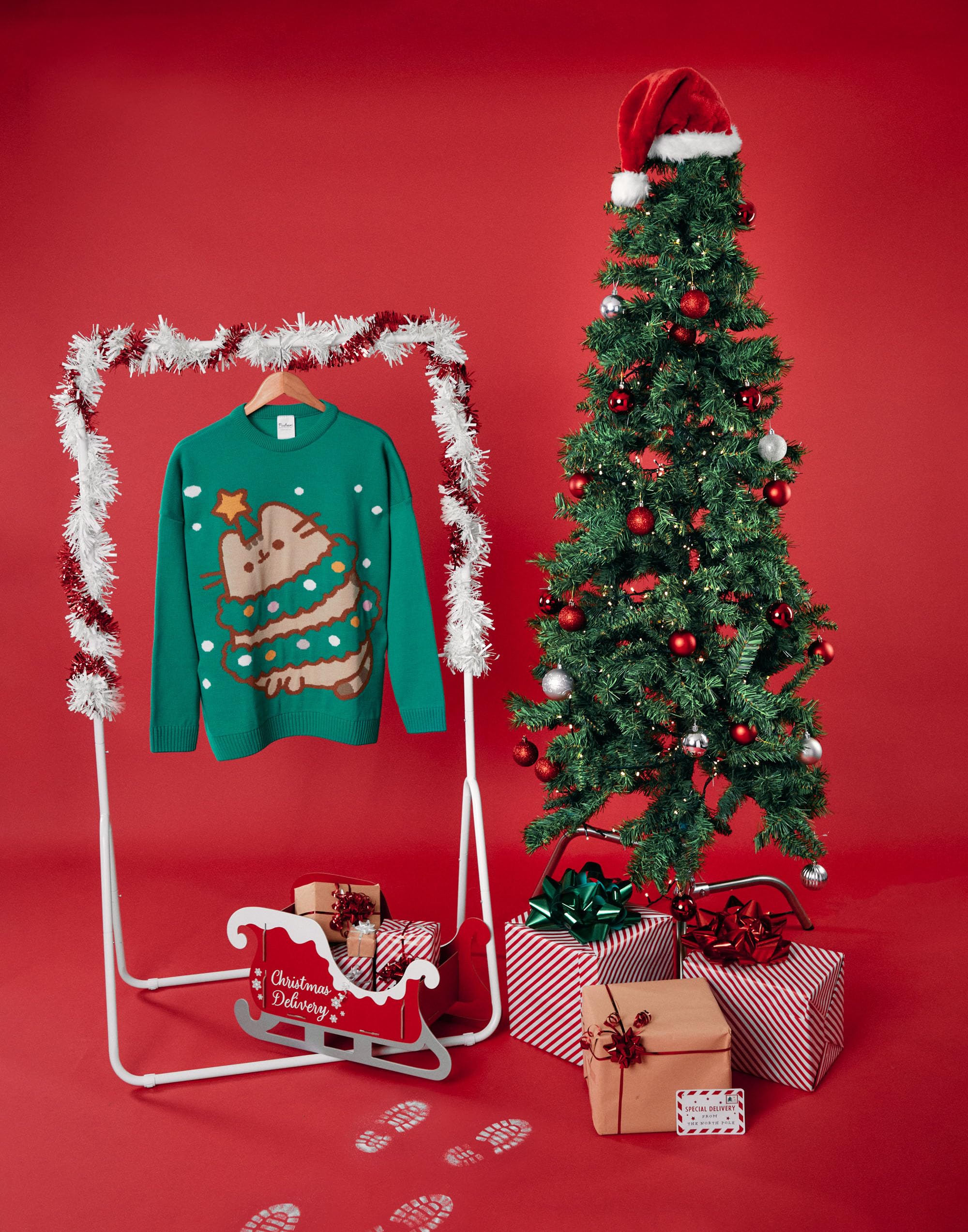Pusheen Grüner Weihnachtsstrickpullover für Damen | Festlicher Feiertagspullover - Süß & Kuschelig | Stilvolle The Cat Weihnachtsbekleidung | Festliches Sweatshirt mit Katzenmotiv