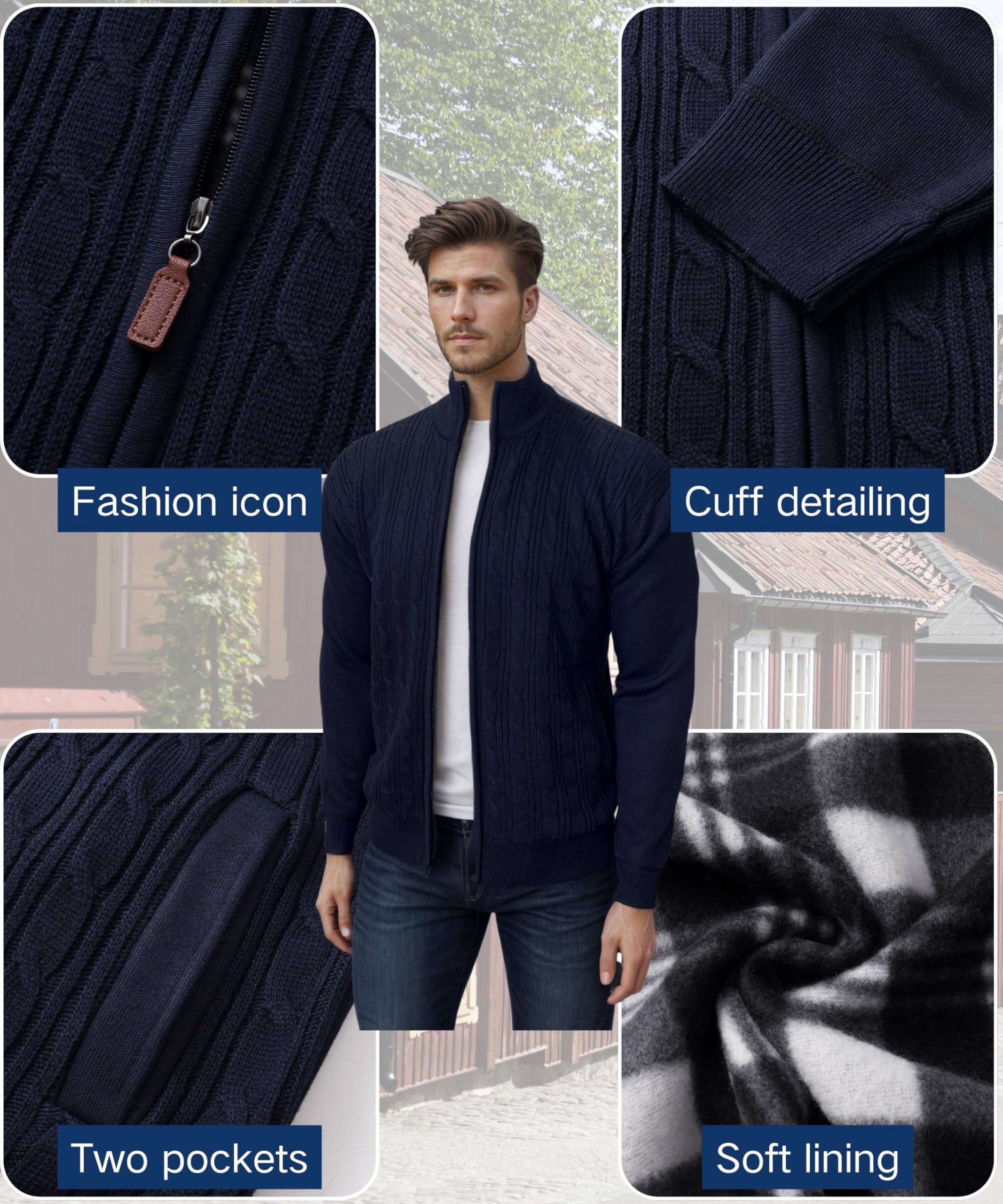 Cardigan da Uomo Maglione Invernale Stand Colletto Cardigan Imbottito Felpa Cappotto Lavorato a Maglia con 2 Tasche Maglione Manica Lunga Giacca Casual con Cerniera Intera
