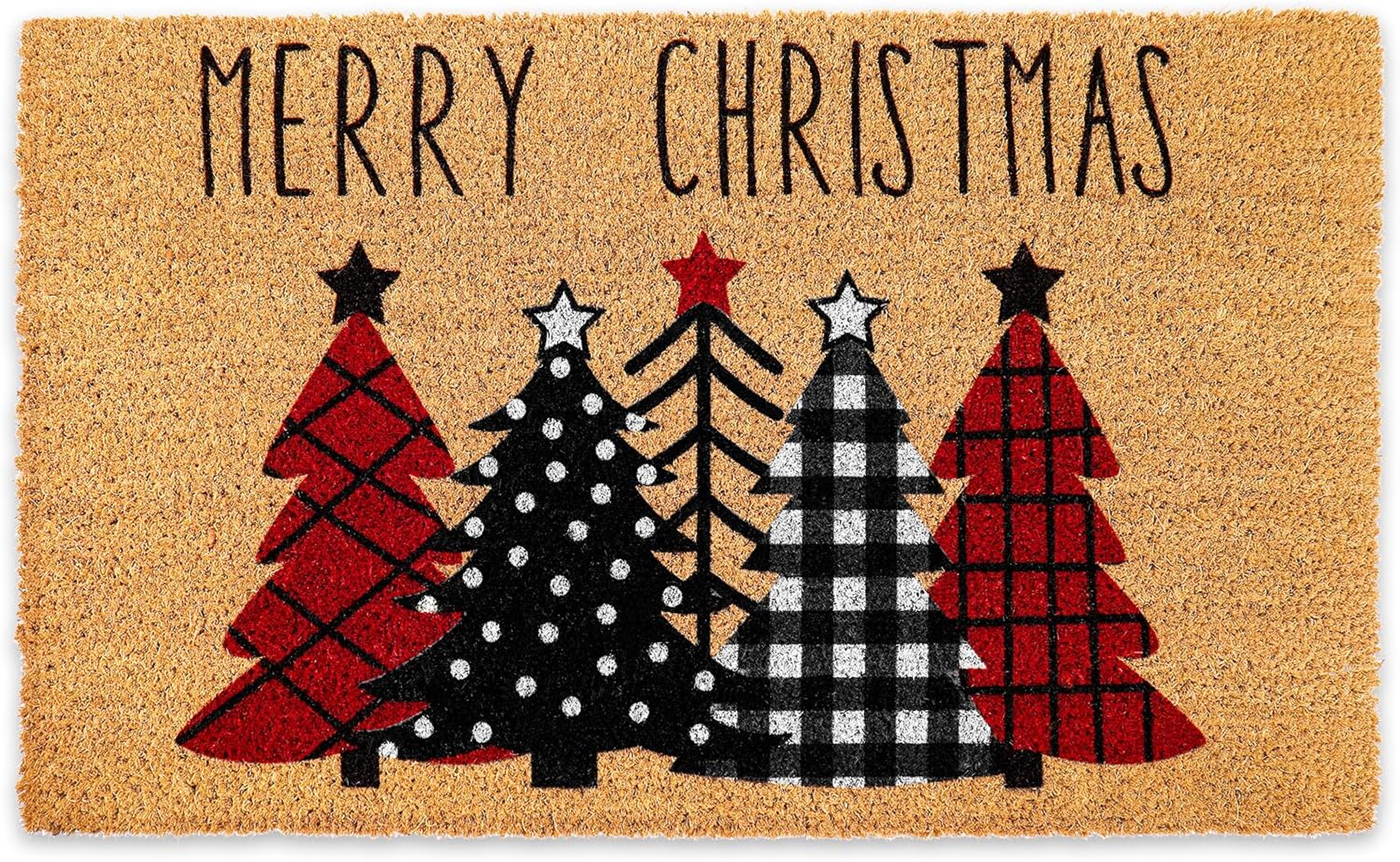 Whaline Christmas Natural Coir Doormat Red Black Dot Plaid Xmas Tree Welcome Floor Mat Non-Slip Entrance Door Rug for Indoor Outdoor Home Bathroom Decor, 16.5 x 29 Inch