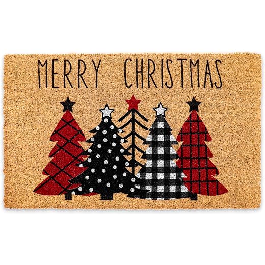 Whaline Christmas Natural Coir Doormat Red Black Dot Plaid Xmas Tree Welcome Floor Mat Non-Slip Entrance Door Rug for Indoor Outdoor Home Bathroom Decor, 16.5 x 29 Inch