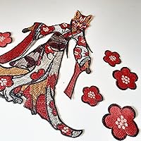 Vista 3 de Moks497 Kitsune Japan Embroidered Patch, Set of Fox in Kimono and Flowers Large Patch