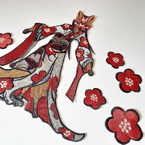 Miniatura 3 de Moks497 Kitsune Japan Embroidered Patch, Set of Fox in Kimono and Flowers Large Patch