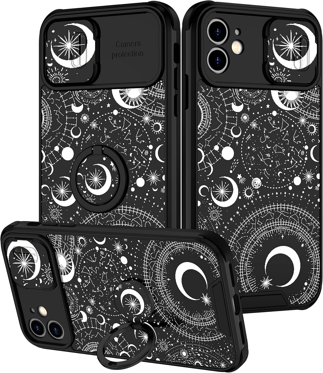 Goocrux (2in1 for iPhone 11 Case Moon Stars for Women Girls Cute Phone Cover Fashion Starry Planet Print Pattern Design with Slide Camera Cover+Ring Holder Cases for iPhone 11 6.1''