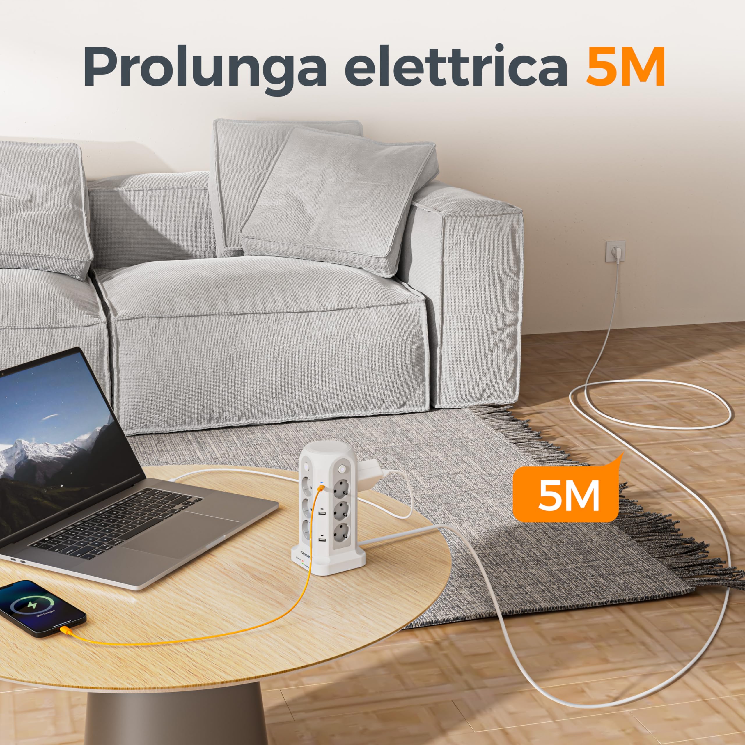 TESSAN Ciabatta Multipresa 12 Schuko con 6 USB, Torretta Multipresa con Interruttore e Prolunga Elettrica 5 Metri, 15W Ricarica rapida per Phone, Pad, Adattatore EU per Ufficio, Casa, Bianca