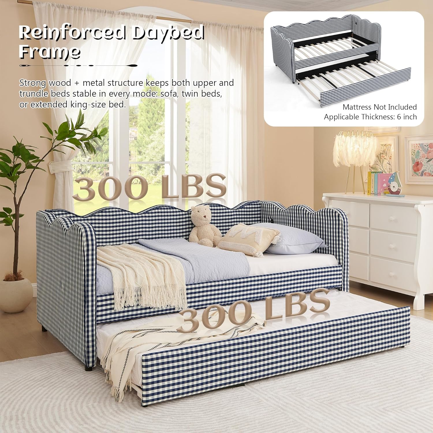 TTK Twin Size Upholstered Daybed with Trundle, Convertible Twin to King Sofa Bed Frame with USB Charging Ports & Wave Backrest, Linen Fabric Guest Bed for Kids Teens Adults (Navy Blue)