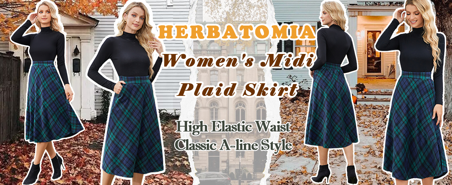 HERBATOMIA Black Midi A-line Skirt Plaid Long High Elastic Waist