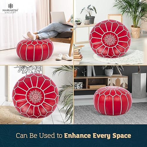 Miniatura 88 de Marrakesh Gallery - Funda de puf marroquí, otomana redonda y grande de piel, decoración bohemia para sala de estar, reposapies, sin relleno Marrón
