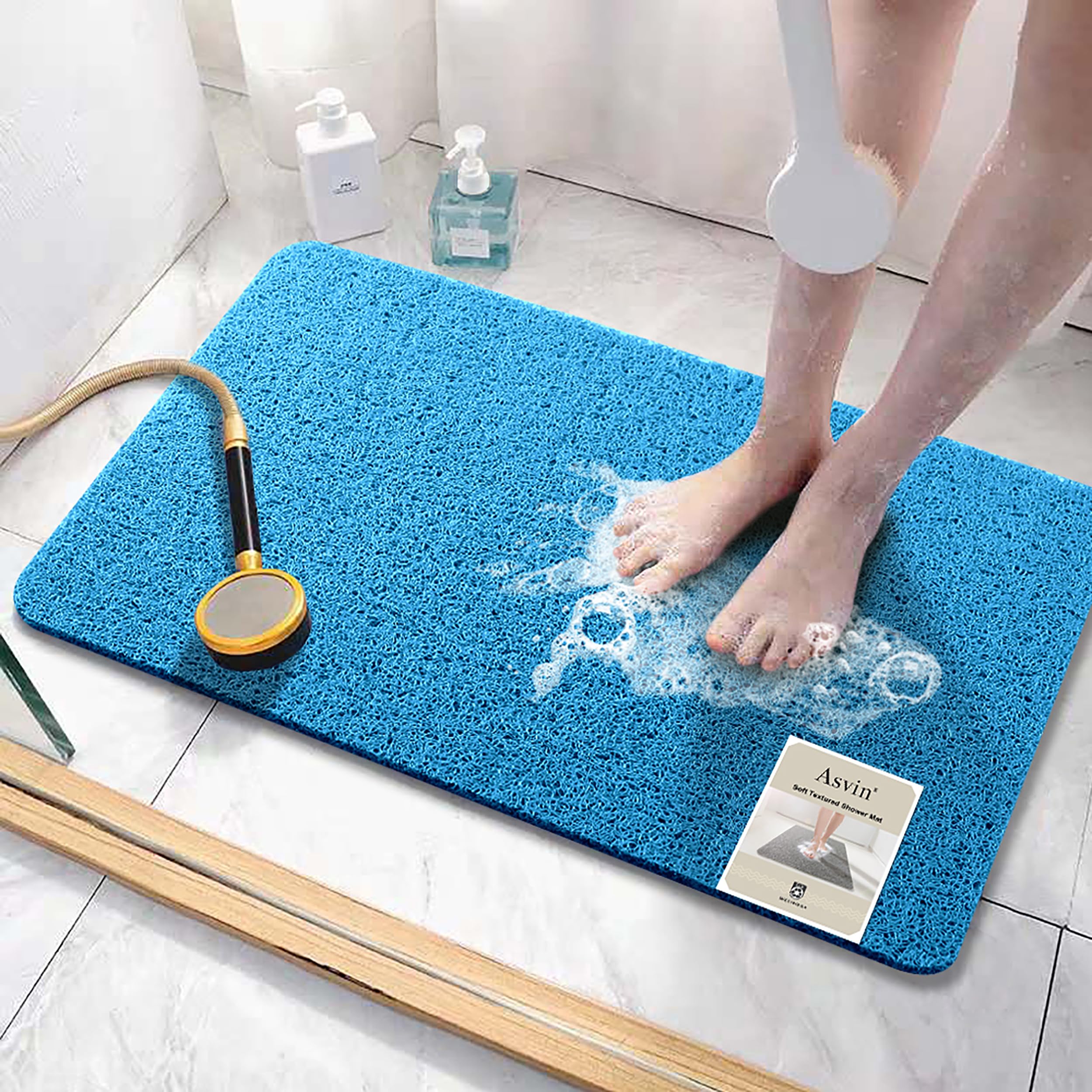 Asvin Soft Textured Bath, Shower, Tub Mat, 35x16 Inch, Phthalate Free, Non Slip Comfort Bathtub Mats with Drain, PVC Loofah Bathroom Mats for Wet Areas, Quick Drying