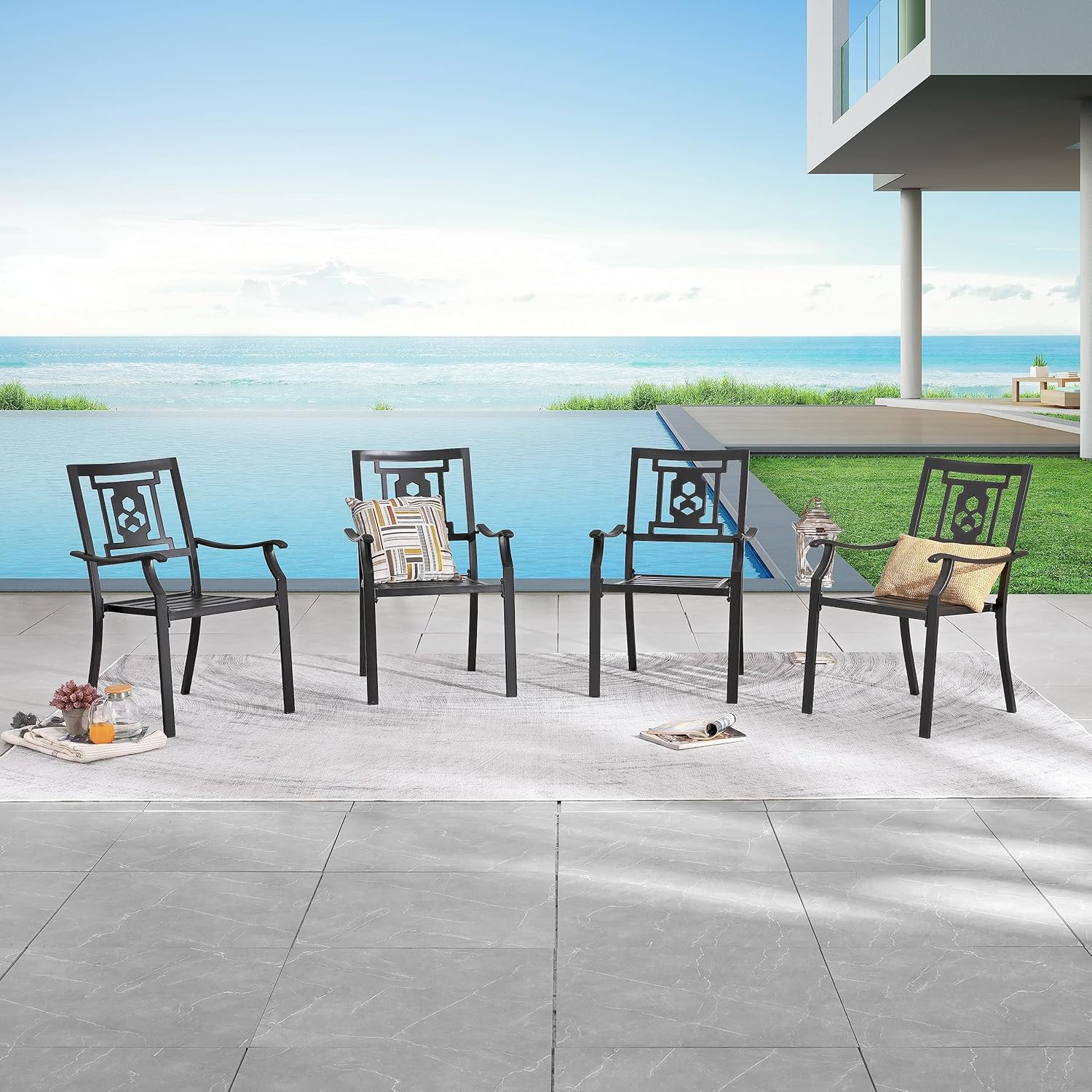 LOKATSE HOME Steel Outdoor Patio Dining Arm Chairs Set of 4 for Garden,Backyard, Kitchen, Balcony, Black
