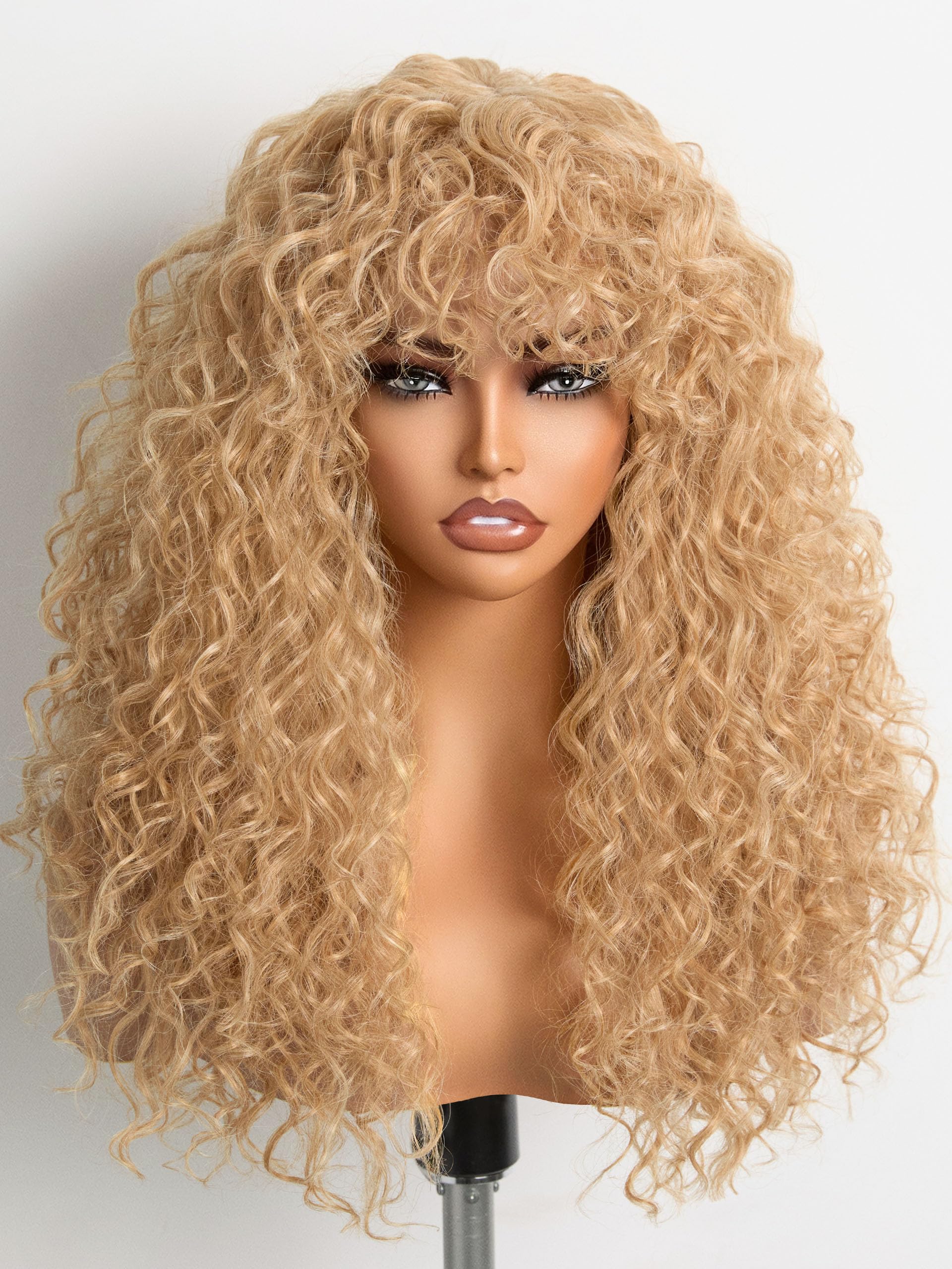 GORGIUS Veralux Blend Human Hair Shaggy Haircuts Golden Blonde Wig with Bangs Curly Wig with Bangs Crafted with Style-Archive Premium Fiber Realistic