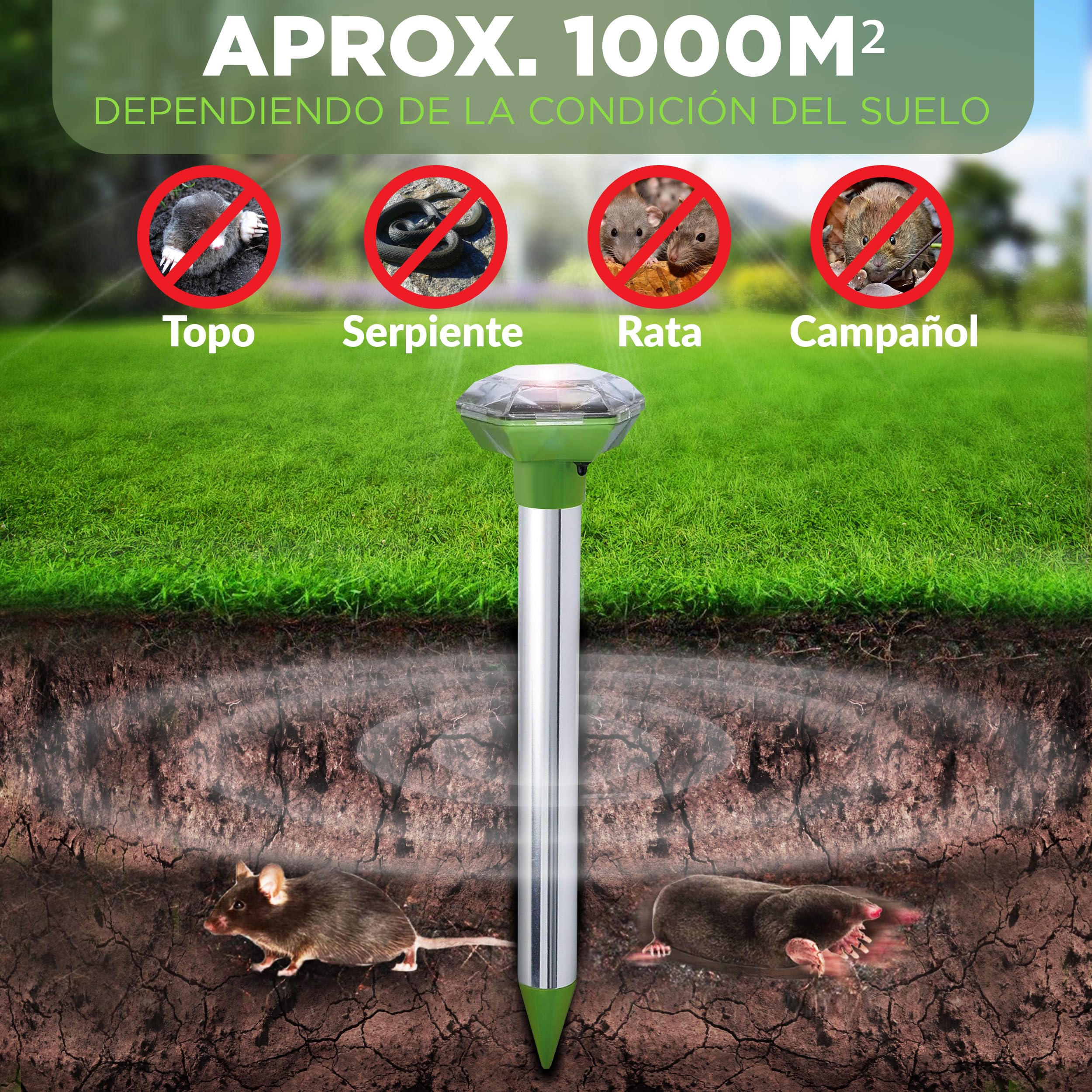 ISOTRONIC Repelente para Topos, topillos y Serpientes: Repelente Solar con estaca para jardín. Alcance Efectivo de 1000 m² (2 Unidades).