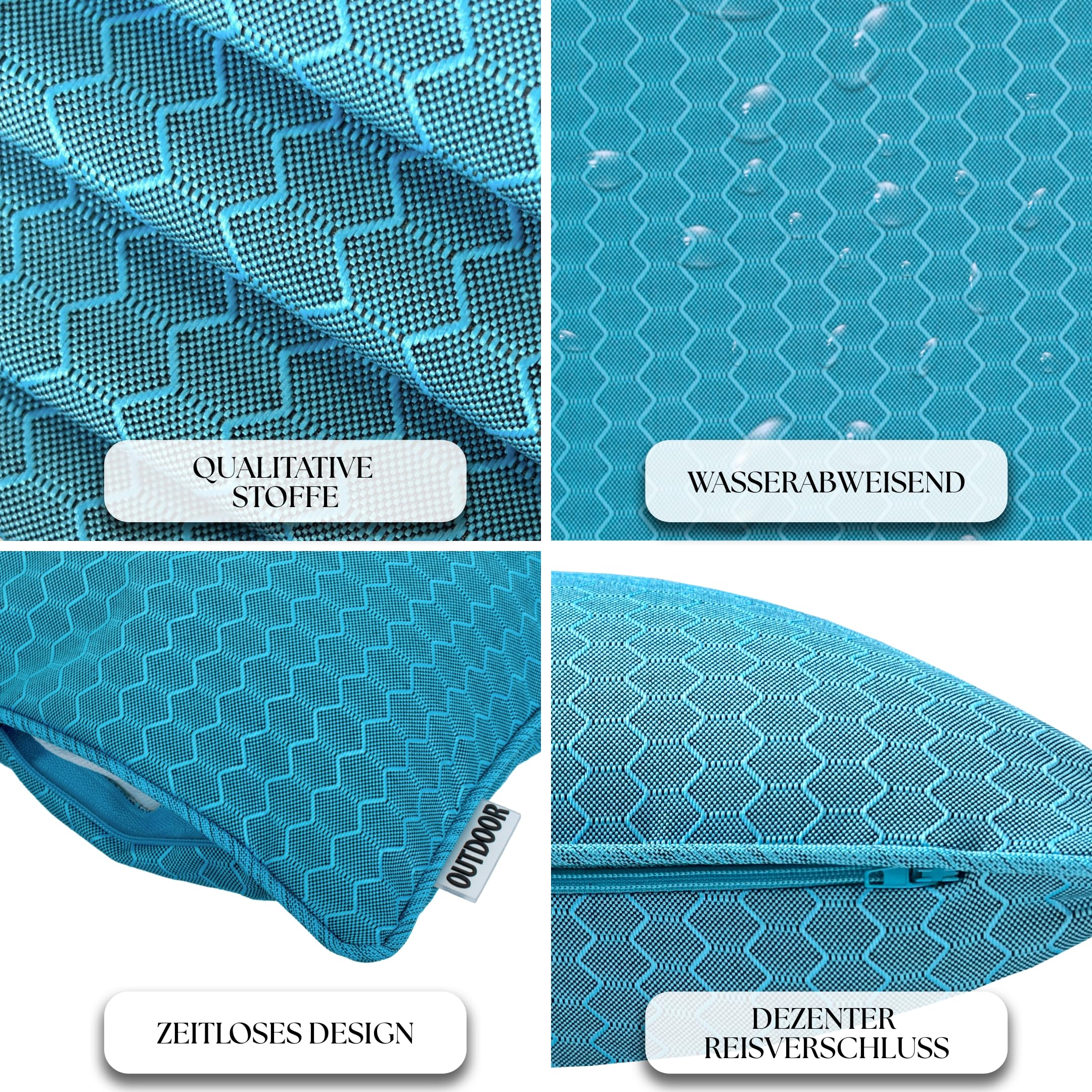 Brandsseller Lot de 4 Coussins d’extérieur 45 x 45 cm Imperméables avec Passepoil Structure alvéolaire Bleu Aqua