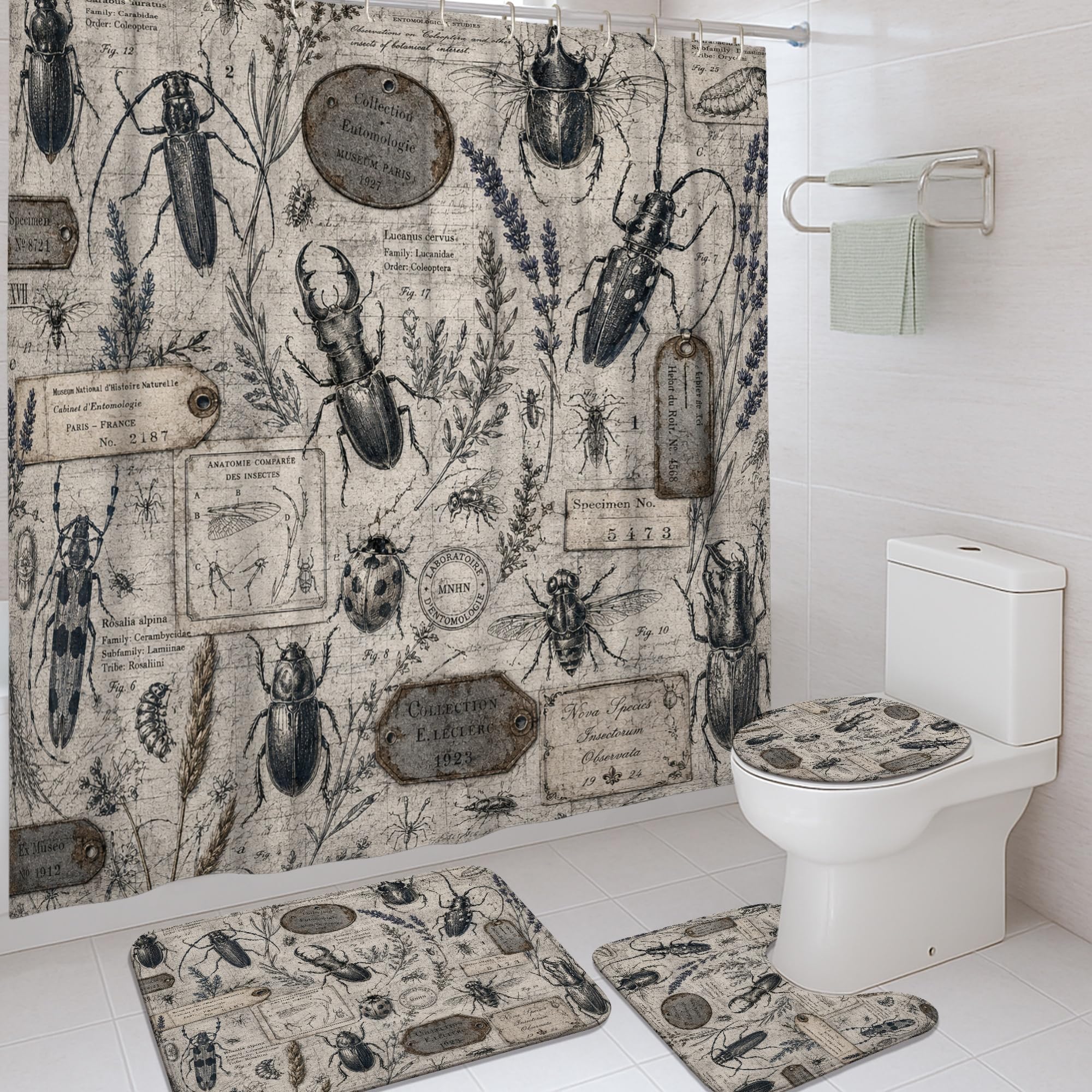Rideau de douche tissu imperméable noir motif lavande et insectes style rétro 183x183