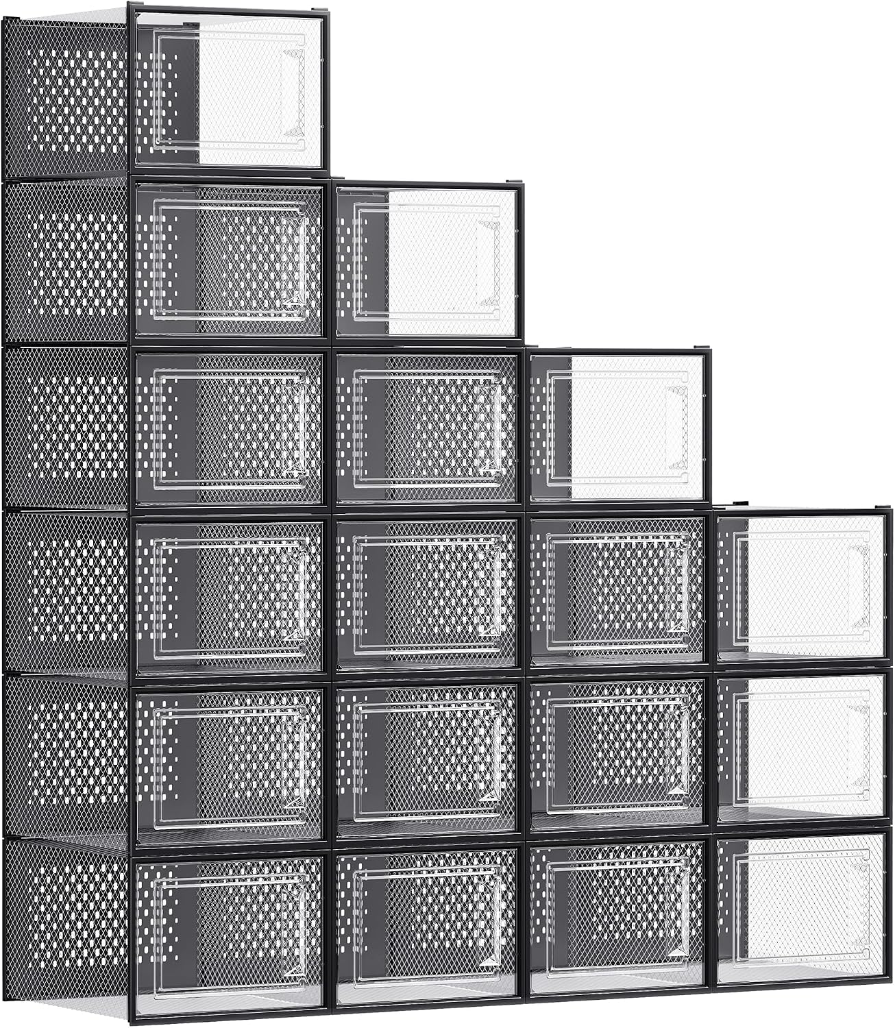 SONGMICS Shoe Boxes, Set of 18 Shoe Storage Organizers, Stackable and Foldable for Sneakers, Fit up to US Size 13, Transparent and Black ULSP007B18