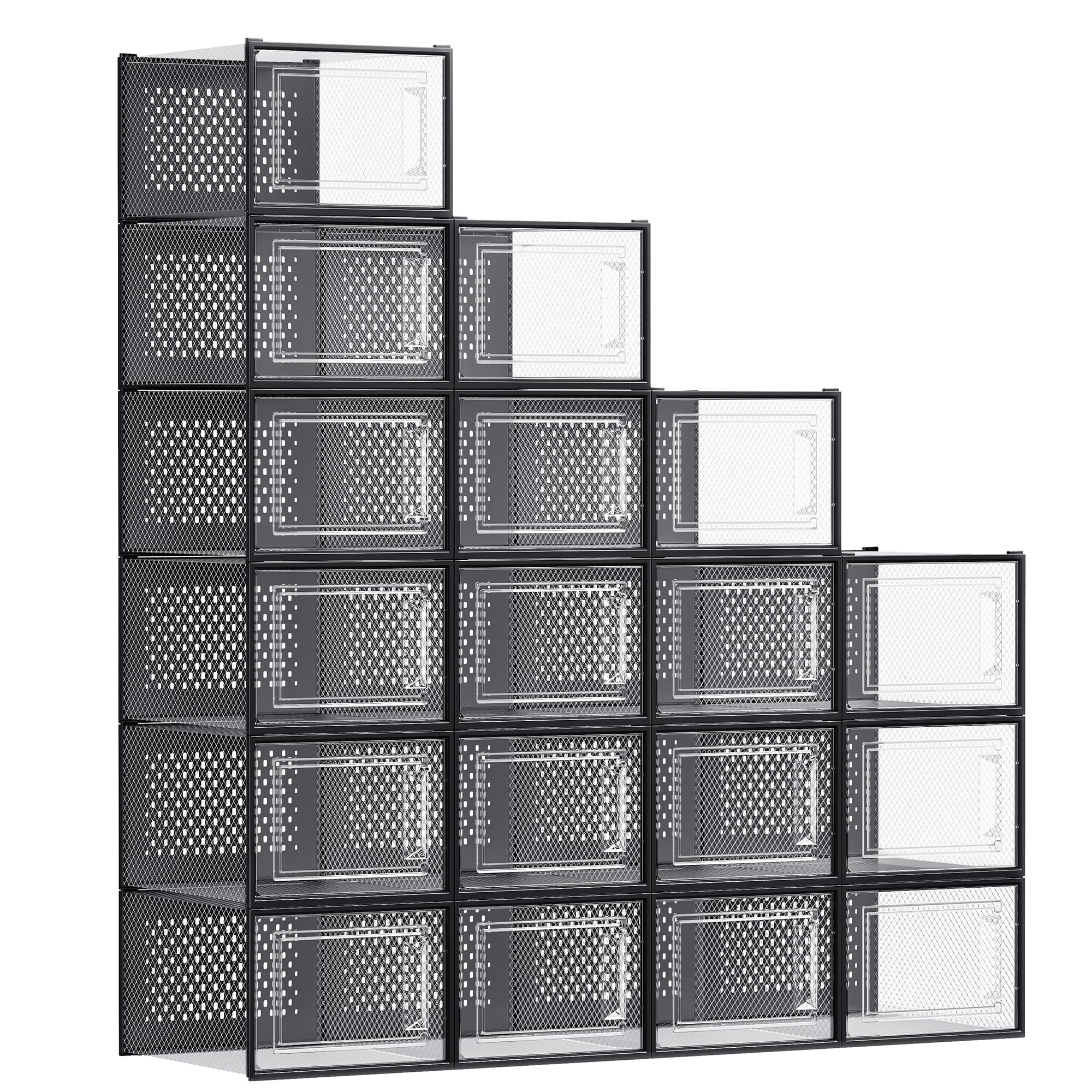 SONGMICS Shoe Boxes, Set of 18 Shoe Storage Organizers, Stackable and Foldable for Sneakers, Fit up to US Size 13, Transparent and Black ULSP007B18
