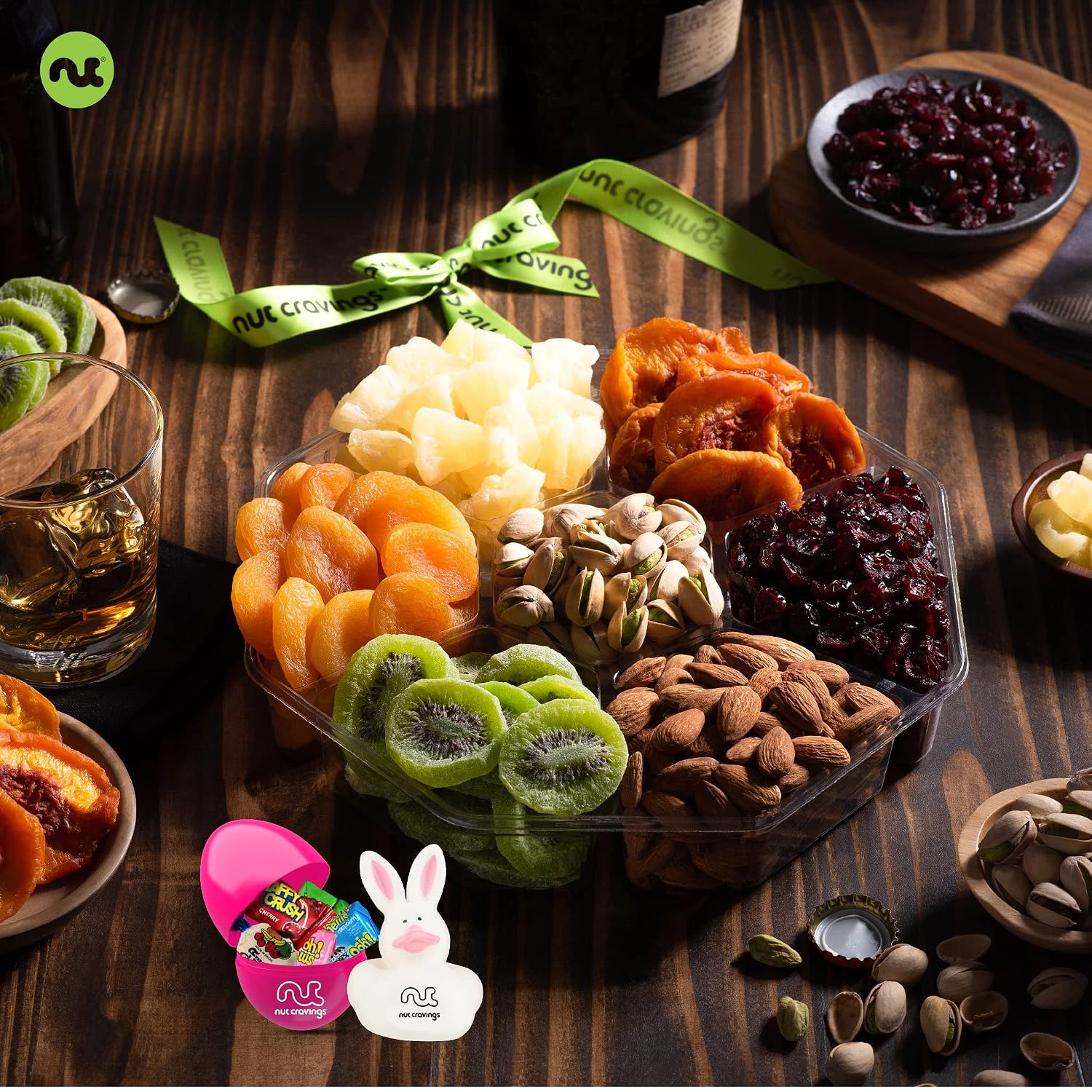 Nut Cravings Gourmet Collection - Easter Dried Fruit Nuts & Candies Gift Basket with Happy Easter Ribbon (7 Piece Assortment) Candy Filled Egg + Bunny Stuffer - Healthy Kosher Snack Adults