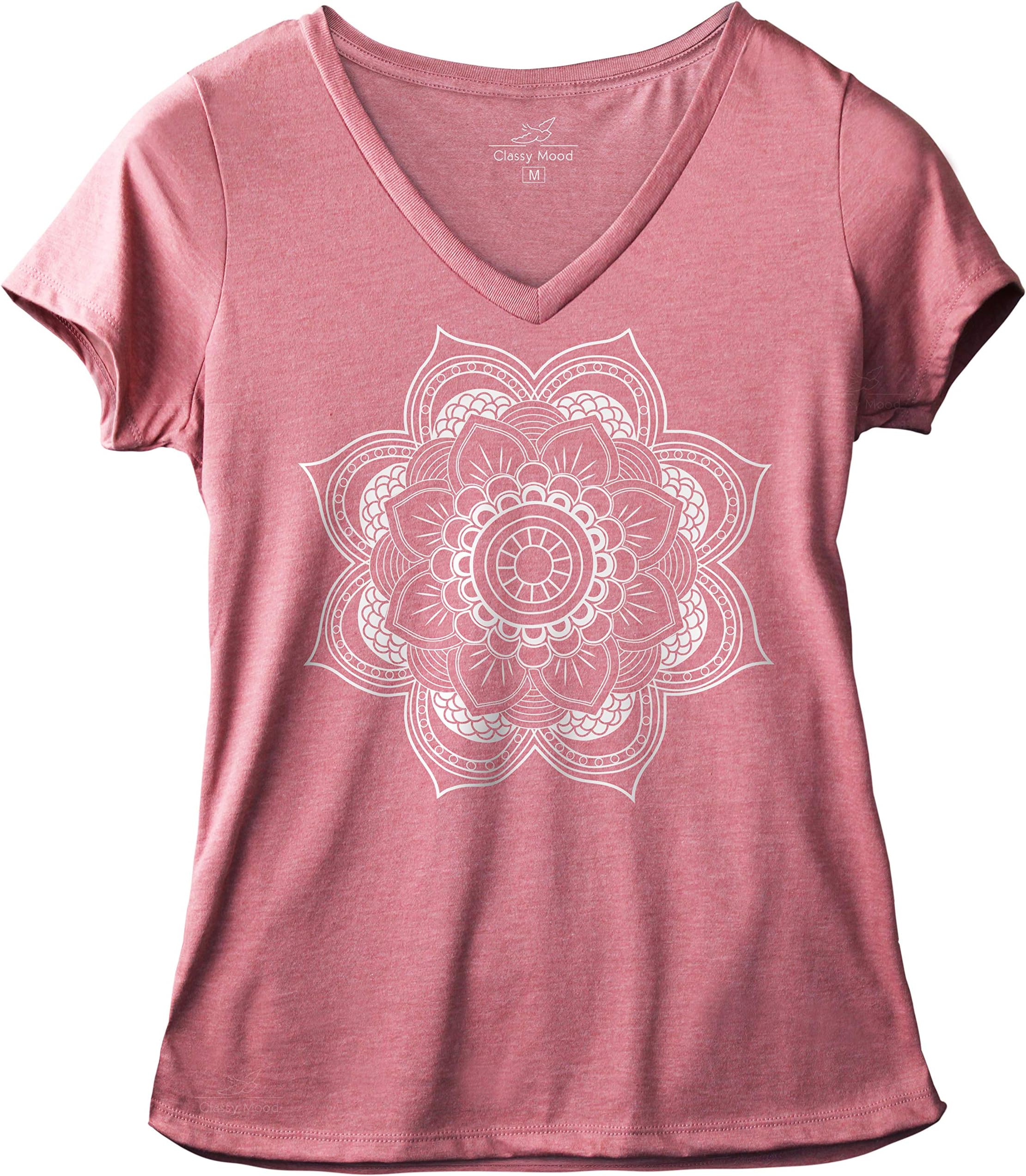 Classy MoodLotus Flower Tshirt Mandala Yoga Meditation Graphic Women V-Neck Shirt