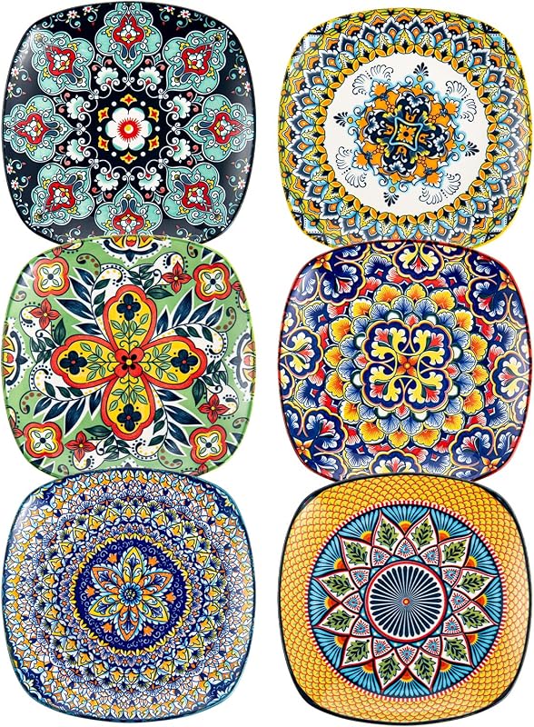 Boho Ceramic Dessert Plates Set of 6, 7.3 Inch Square Appetizer Plates