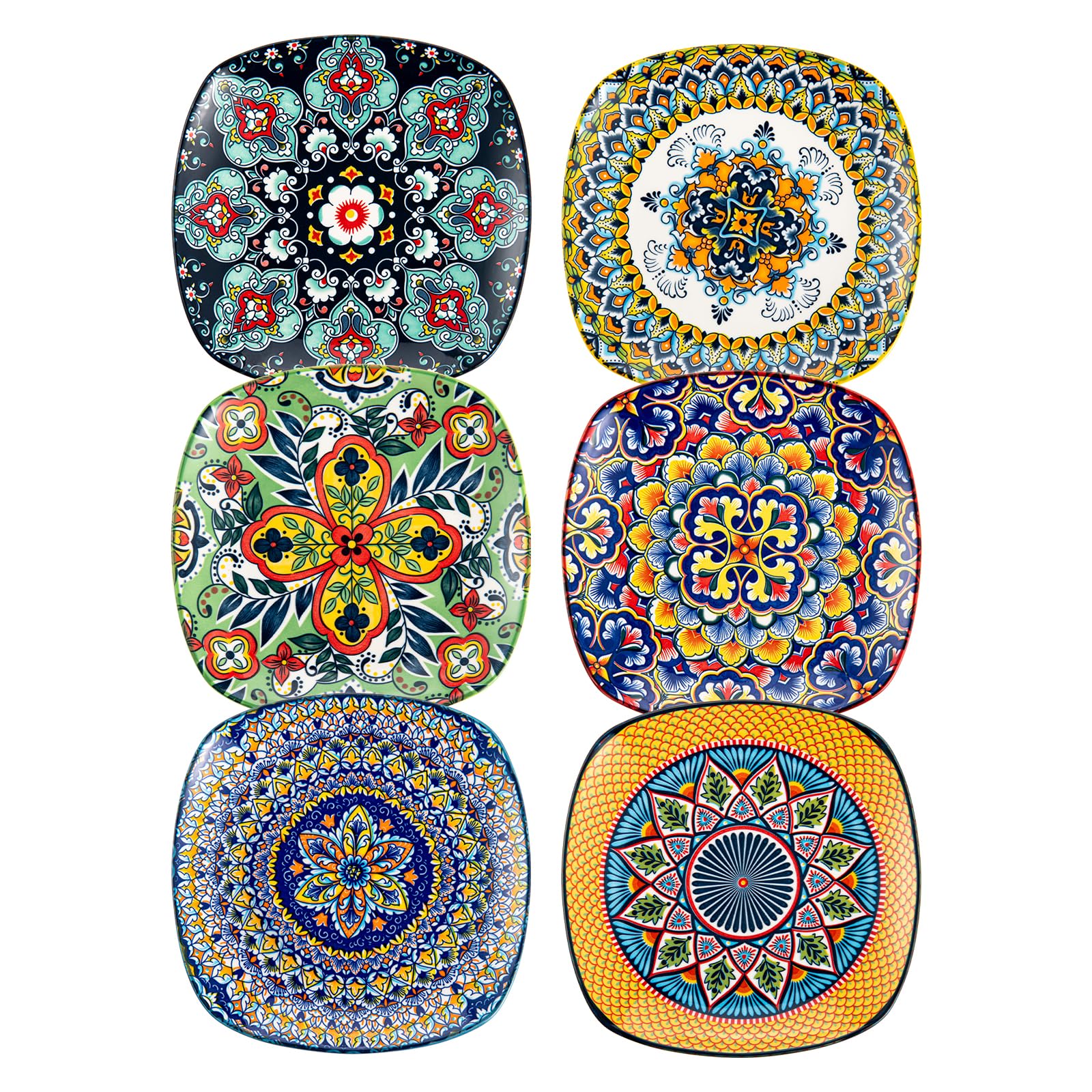 HENXFEN LEAD Dessertteller & Vorspeisenteller Porzellan, 18cm Quadratischer Salatteller 6er Set, Bunte Teller Set für Vorspeisen, Salat und Desserts - Bohemian Style