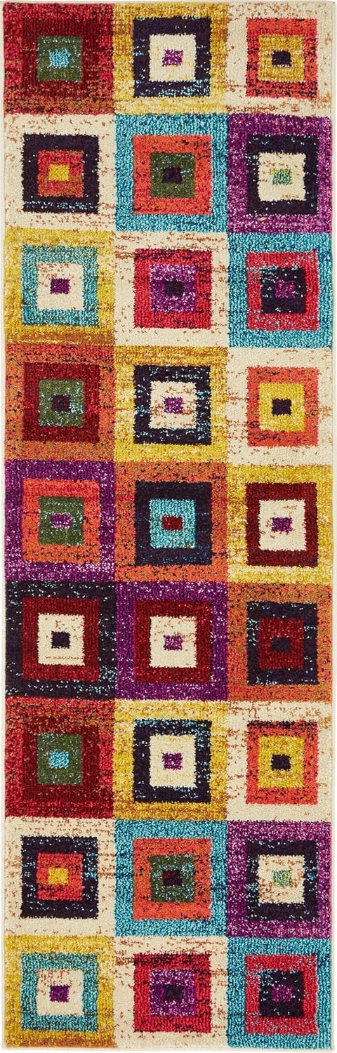 Unique Loom Estrella Collection Colorful, Geometric, Squares Modern, Abstract Area Rug (2' 2 x 6' 7 Runner, Multi/Beige)