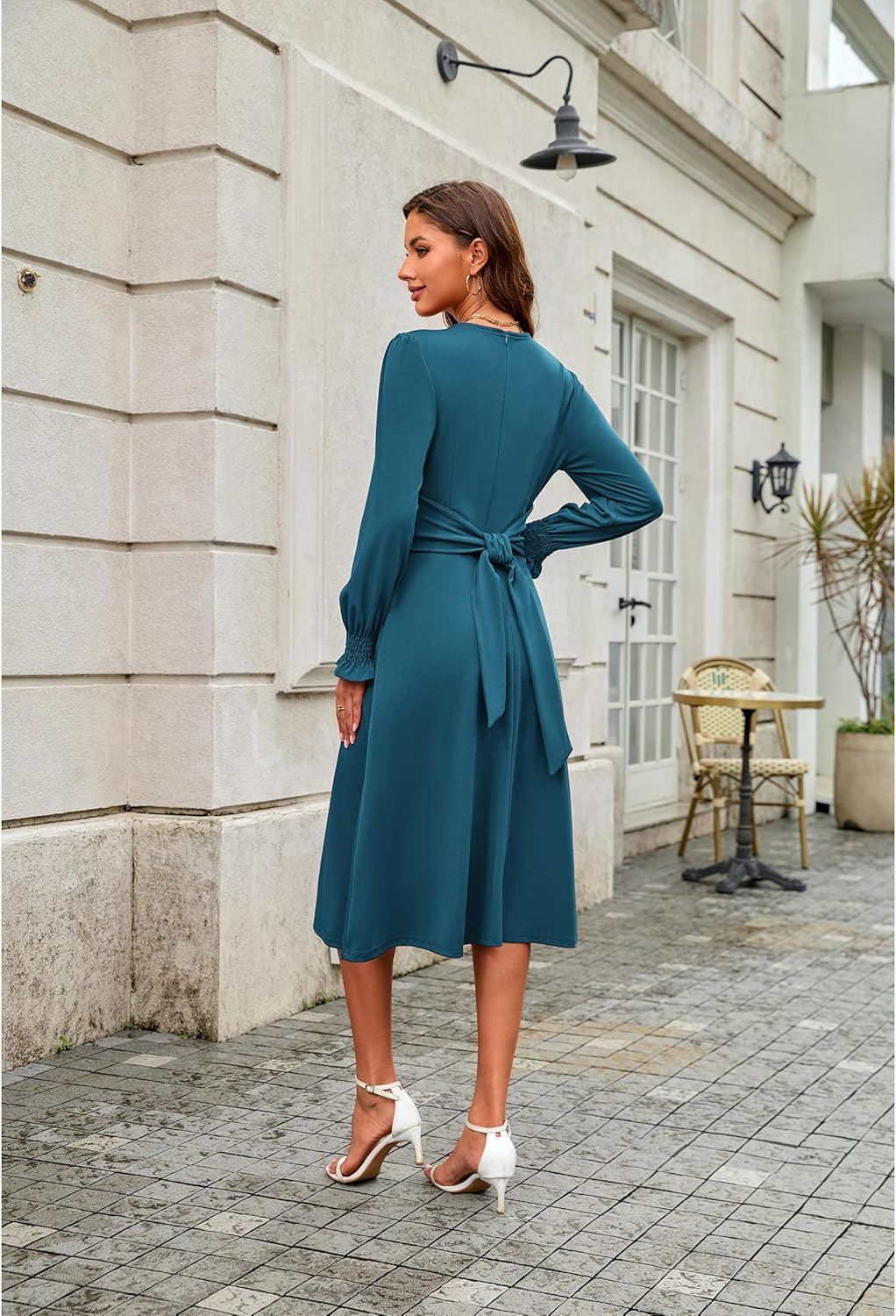 ECOWISH Womens Midi Dress 2025 Fall Long Sleeve Tie Waist Elegant Work Party Cocktail A Line Flowy Dresses with Pockets - Image 3