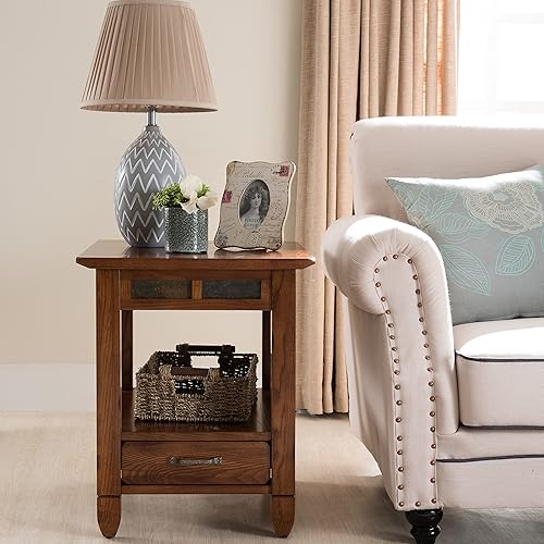 Miniatura 8 de Leick Home 10907 Slatestone - Mesa auxiliar de roble rústico con un cajón, roble rústico envejecido