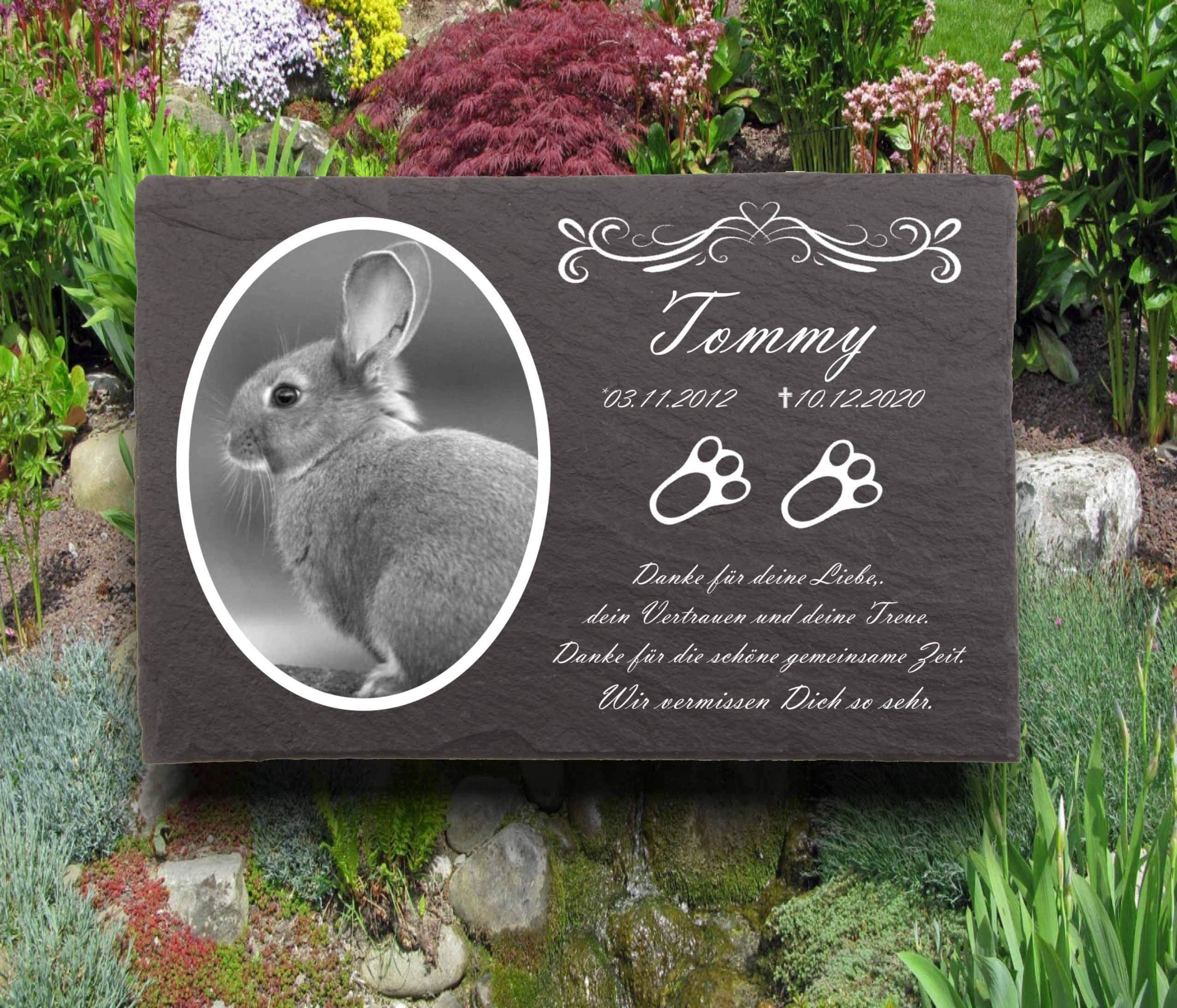 Tiergrabstein Kaninchen mit Foto, Gedenksteine für Kaninchen mit Pfoten mit personalisierter Gravur, Kaninchen Gedenksteine aus Naturschiefer 20x30 cm
