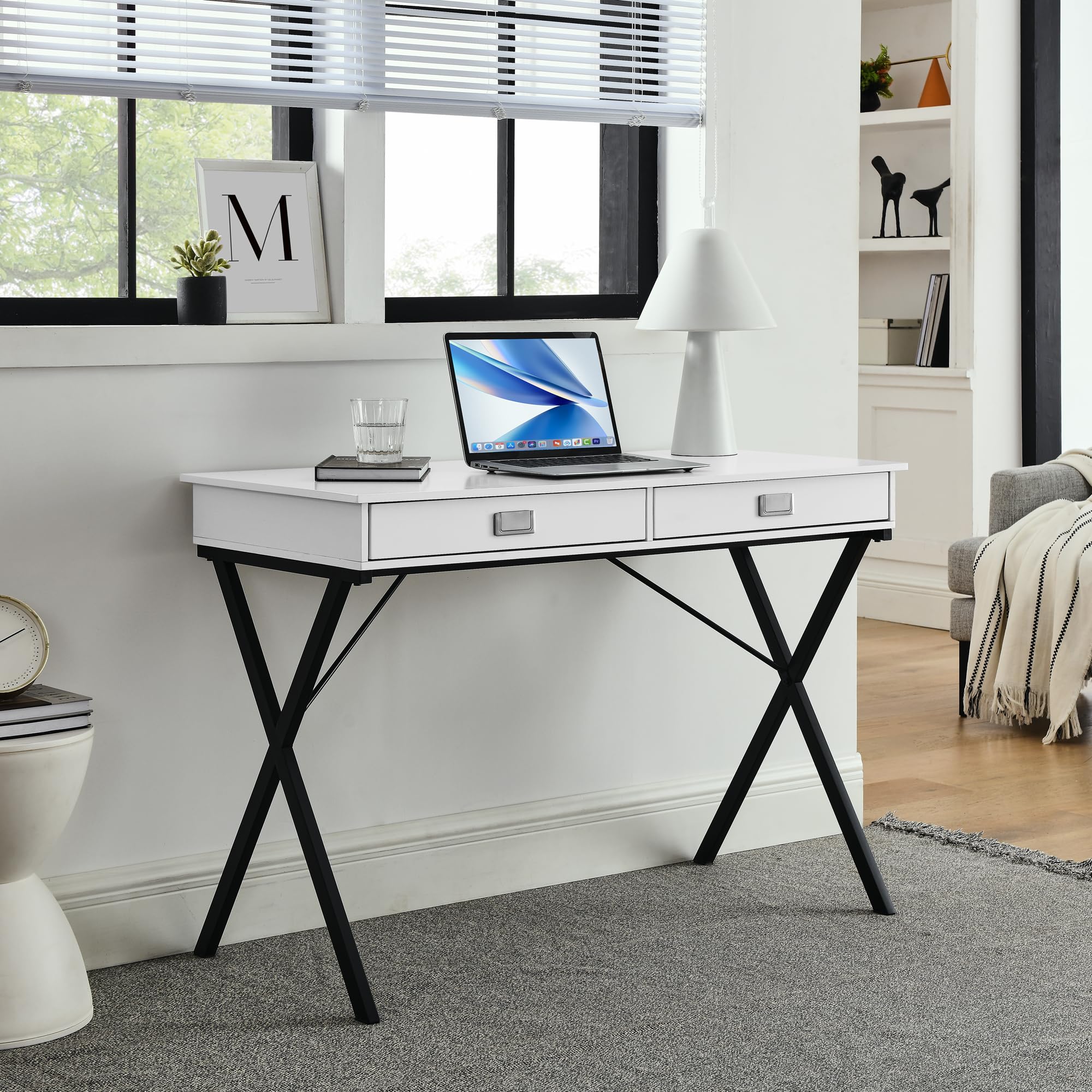 Modern Writing Desk, Unique X-Shaped Frame and Clean Line Design, MDF Desktop 2 Drawer Desk, Suitable for Home Desk, Study Desk (White)