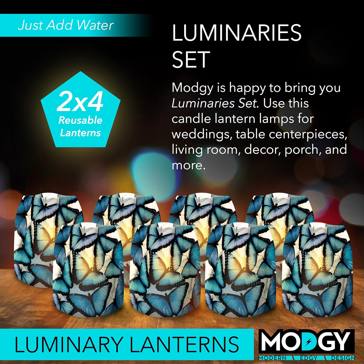 MODGY Luminary LED Lantern Candle Holder Decorative Indoor Outdoor Decor, Plastic Candle Lamps for Wedding Table Centerpiece Porch, with Flameless Floating Candles, Blue Morpho, 2 Packs of 4