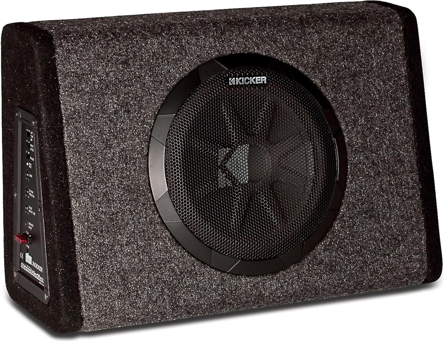 Angled view of the KICKER 11PT250 BassStation, showing both the subwoofer and control panel.