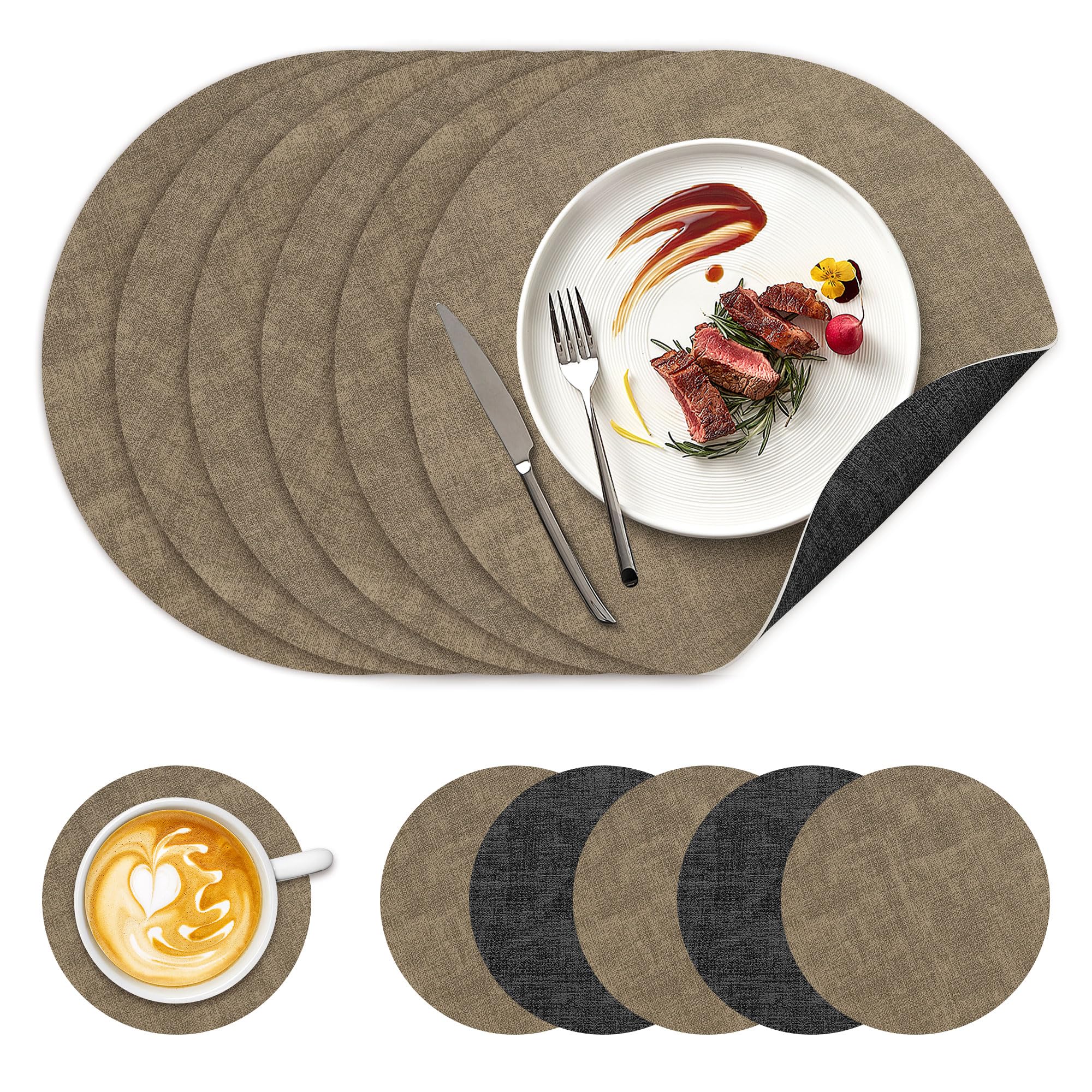 NCUE 13" Faux Leather Round Placemats Set of 6, Reversible Dual-Color