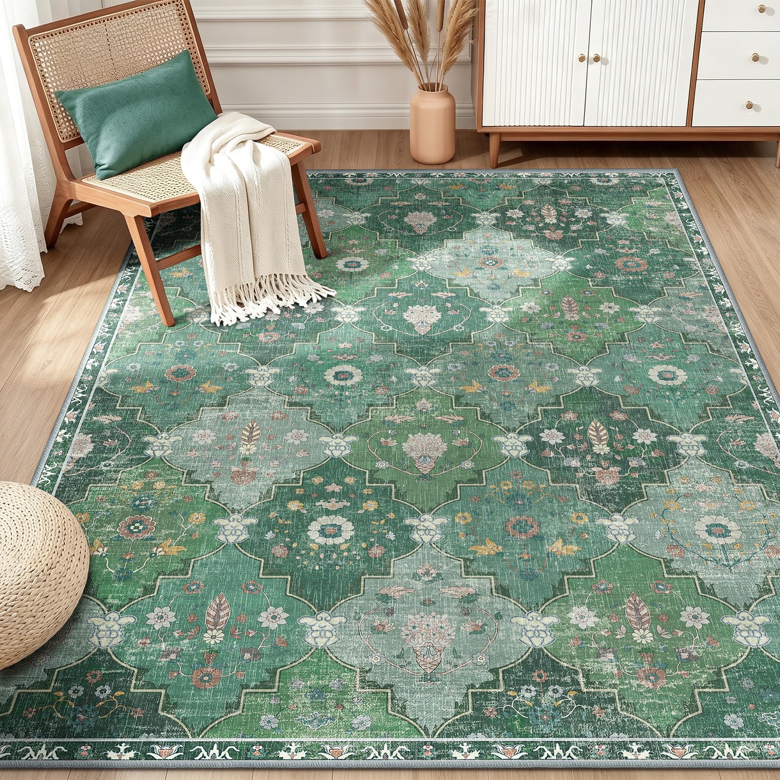 INOVADAY Teppich Wohnzimmer Moroccan Teppich Waschbar Boho Kurzflor rutschfest Teppiche für Lounge Schlafzimmer Esszimmer mit Druckmuster