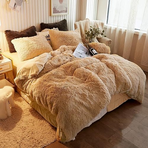 XeGe Plush Shaggy Duvet Cover, Luxury Ultra Soft Crystal Velvet Fuzzy Bedding 1PC(1 Faux Fur Duvet Cover), Fluffy Furry Comforter Cover for Bedroom Home Decoration, Zipper Closure (King, Camel)