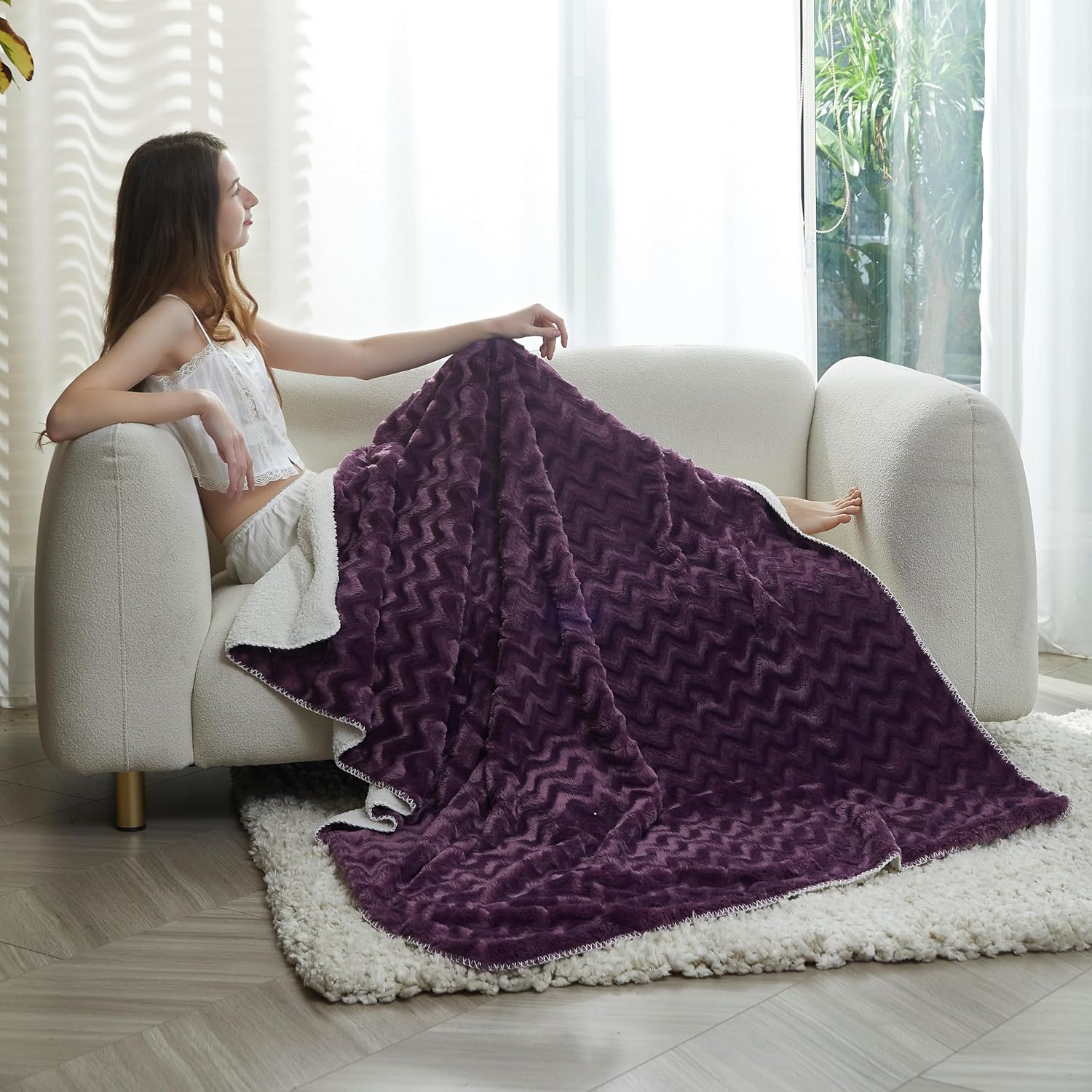 Regal Comfort Faux Fur Sherpa Throw Blanket - 50" x 70" Soft & Plush, Warm & Fuzzy Oversized Twin Velvet Fleece Blanket for All Seasons in Amethyst Wave