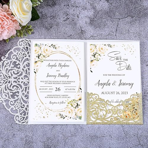 Miniatura 8 de DORIS HOME 50 piezas de oro con purpurina personalizada de 4.7 x 7 pulgadas, kit de invitación de boda con bolsillo de rosa hueca cortada con láser,