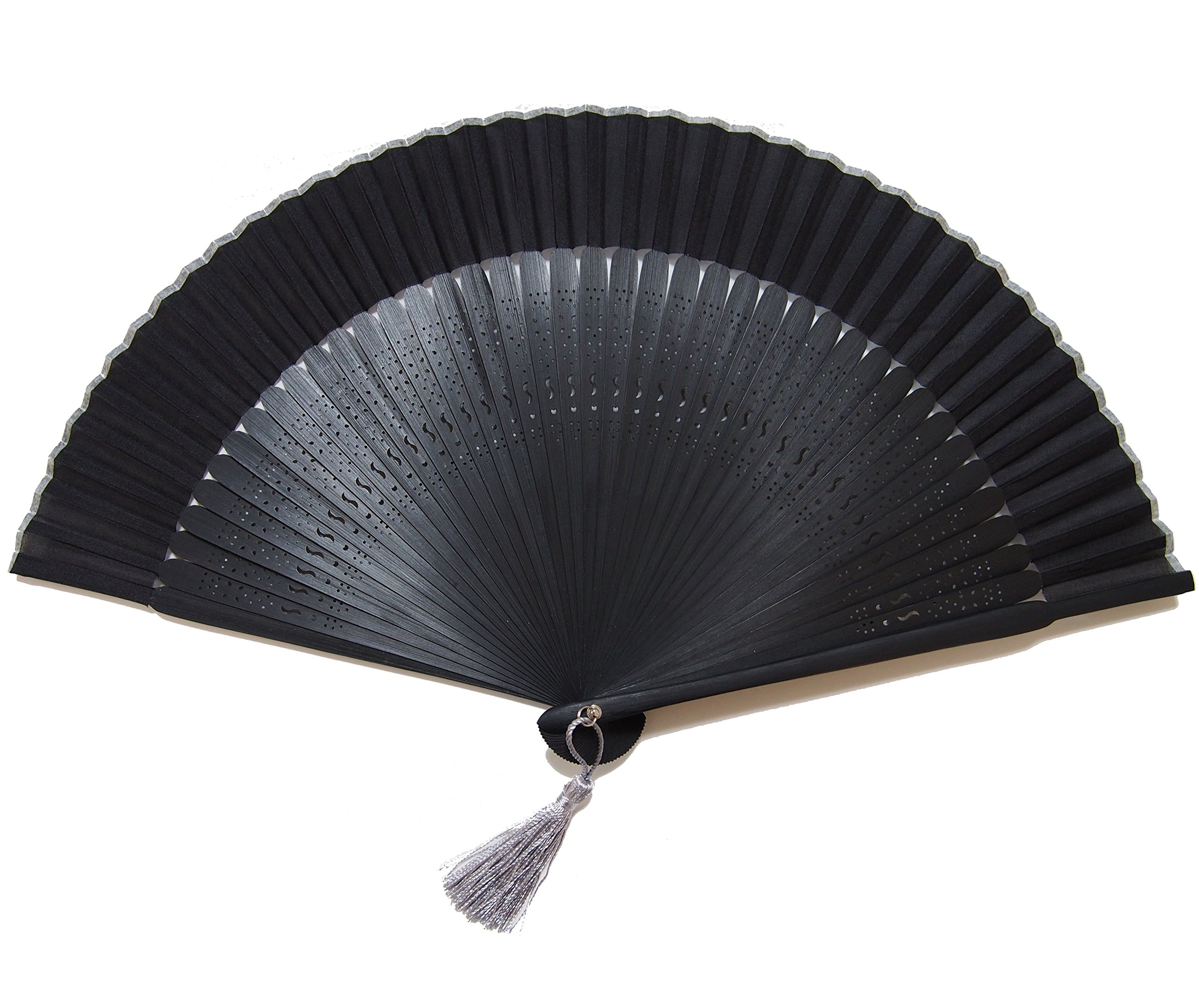 Handmade Japanese Sensu Silk Fan Black 42 Ribs 8.7in Tassel Bamboo Men