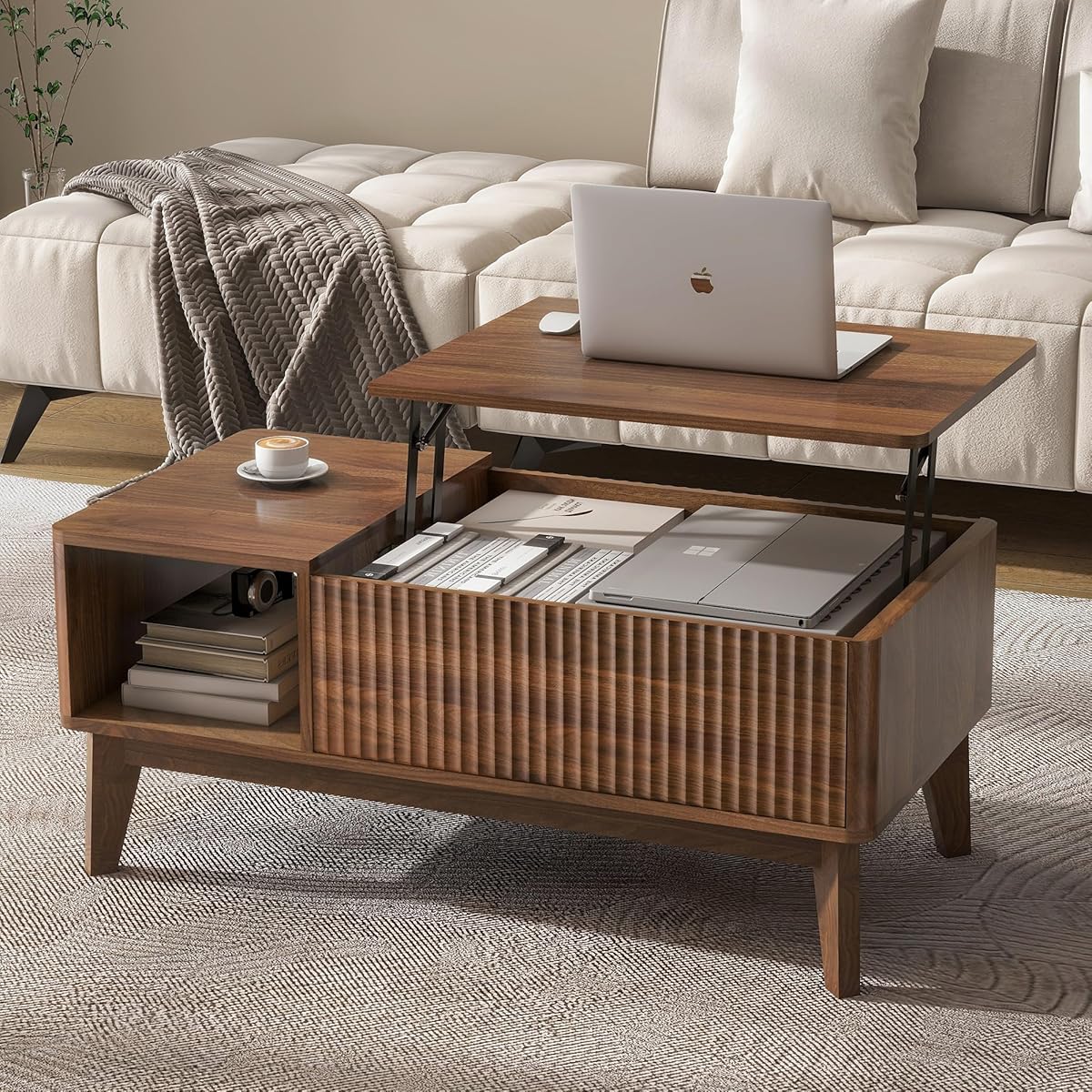 LYNCOHOME Fluted Lift Top Coffee Table with Storage, Modern Coffee Table for Living Room, Home Office（Walnut）