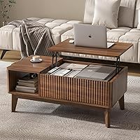 LYNCOHOME Fluted Lift-Top Coffee Table with Hidden Storage, Modern Walnut for Living Room & Home Office