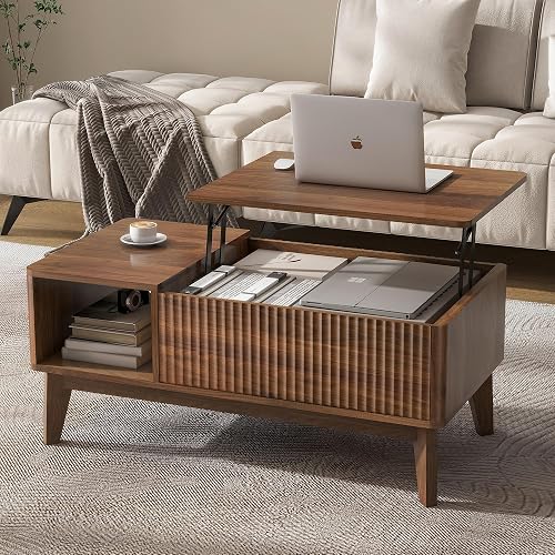 LYNCOHOME Fluted Lift Top Coffee Table with Storage, Modern Walnut Rising Table for Living Room and Home Office LYNCOHOME Fluted Lift Top Coffee Table with Storage, Modern Walnut Rising Table for Living Room and Home Office