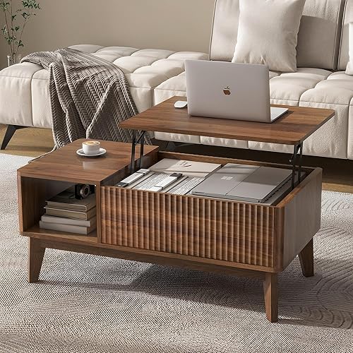 LYNCOHOME Fluted Lift Top Coffee Table with Storage, Modern Coffee Table for Living Room, Home Office（Walnut）