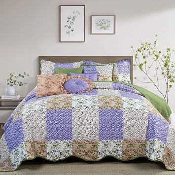 Home Soft Things Patchwork 8 Piece Bedspread Quilt Set, Soft Lightweight Colorful Plaid Floral Scalloped Edge Boho Shabby Chic Bedding Set Coverlet, Pink, King 118" x 106"