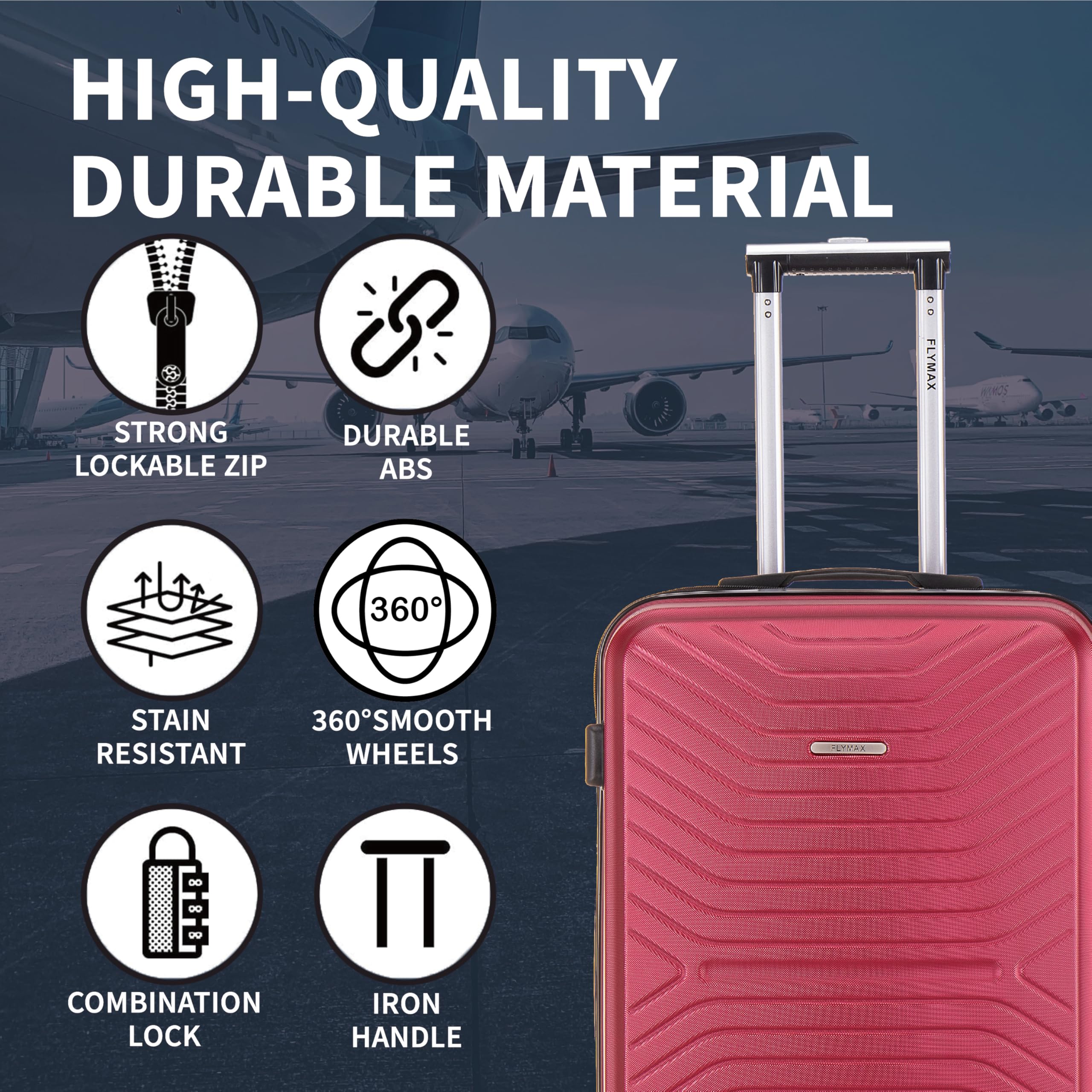 FLYMAX 4-Rad Koffer Groß, Mittel & Kabine Super leichte Hartschale Gepäck Spinner ABS Reisekoffer, weinrot, 45x36x20 Carry on, Koffer