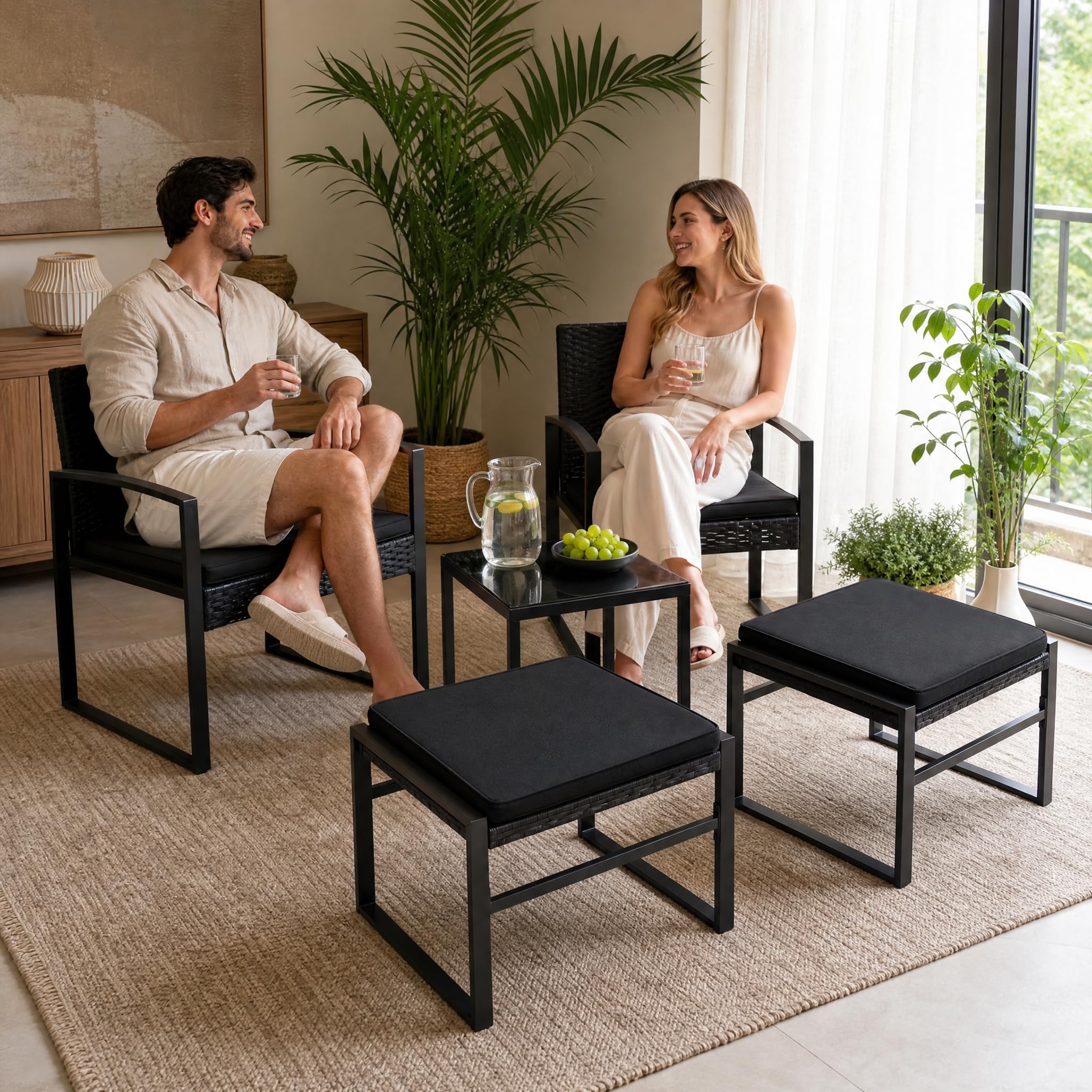 Sessel mit Hocker, 5-teiliges Rattan Gartenmöbel Set
