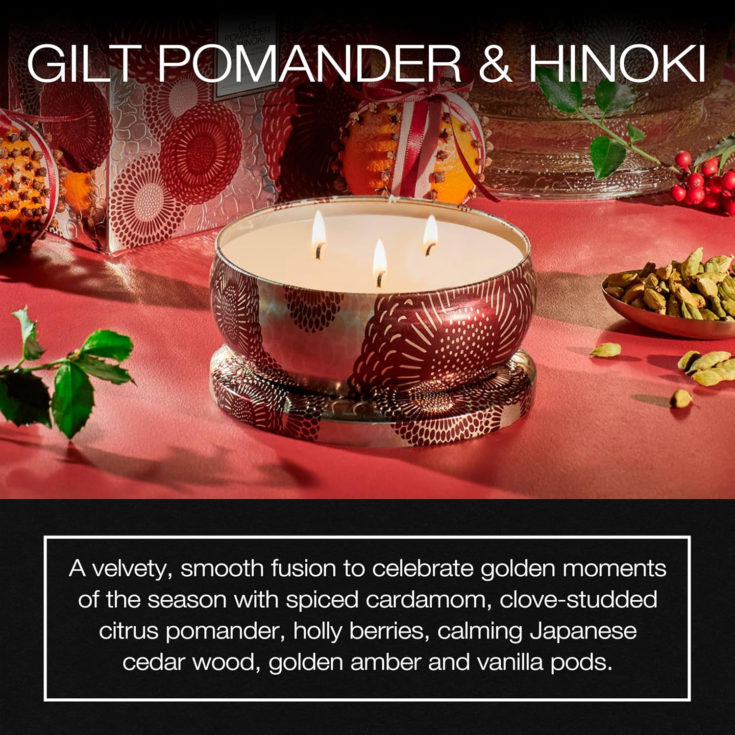Voluspa Gilt Pomander Hinoki, 3 Wick Tin Candle, 12 Ounces, 40 Hour Burn Time, Coconut Wax for Clean Burning, Handcrafted in The USA - Image 2