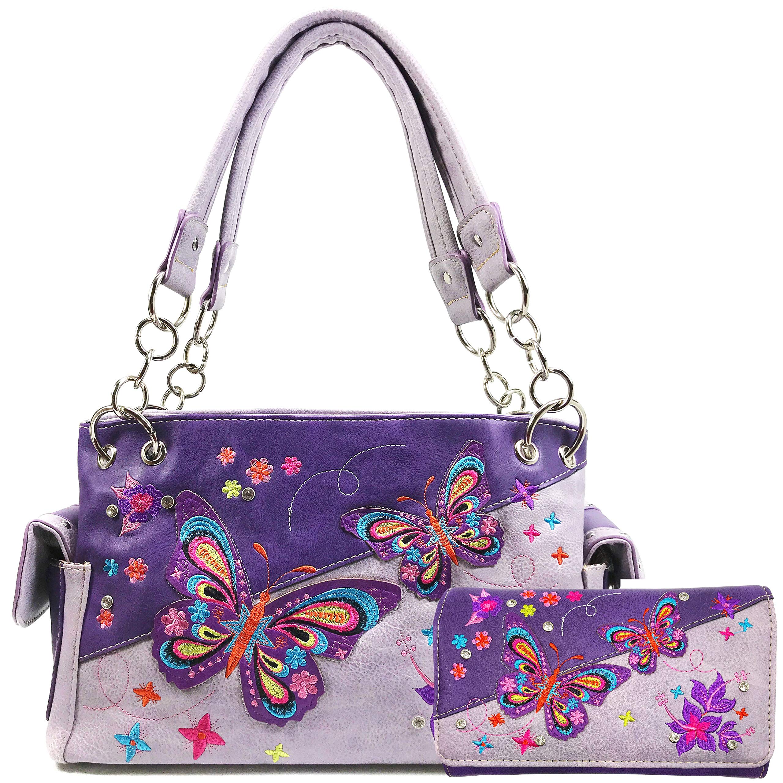Zelris Butterfly Flower Season Embroidery Women Conceal Carry Handbag Wallet Set (Purple Violet)