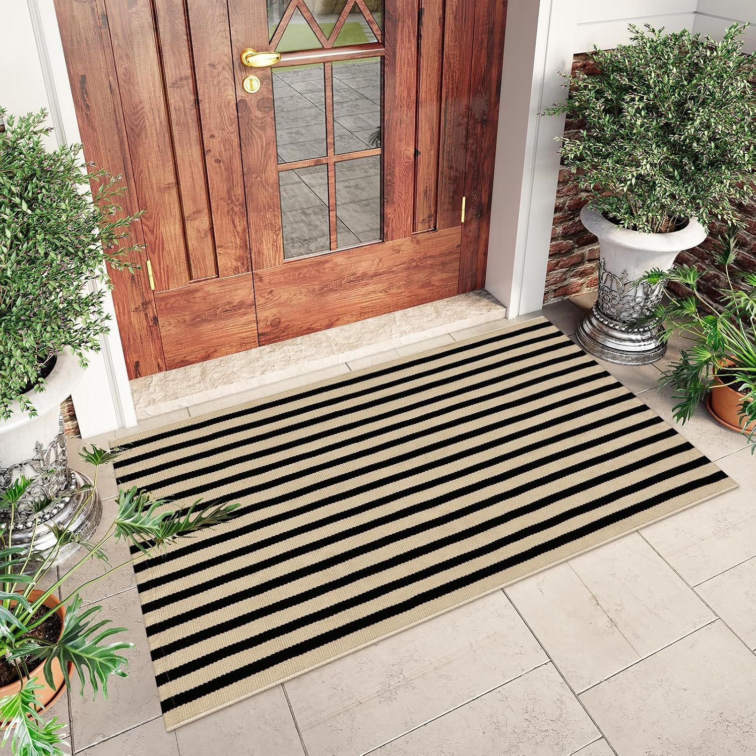 OJIA Washable Outdoor Rug 3'x5', Black and Tan Striped Outdoor Porch Rug Entryway Rugs Indoor Front Door Mat Outside Entrance Cotton Floor Carpet for Entry/Patio/Living Room/Balcony/Deck Decor