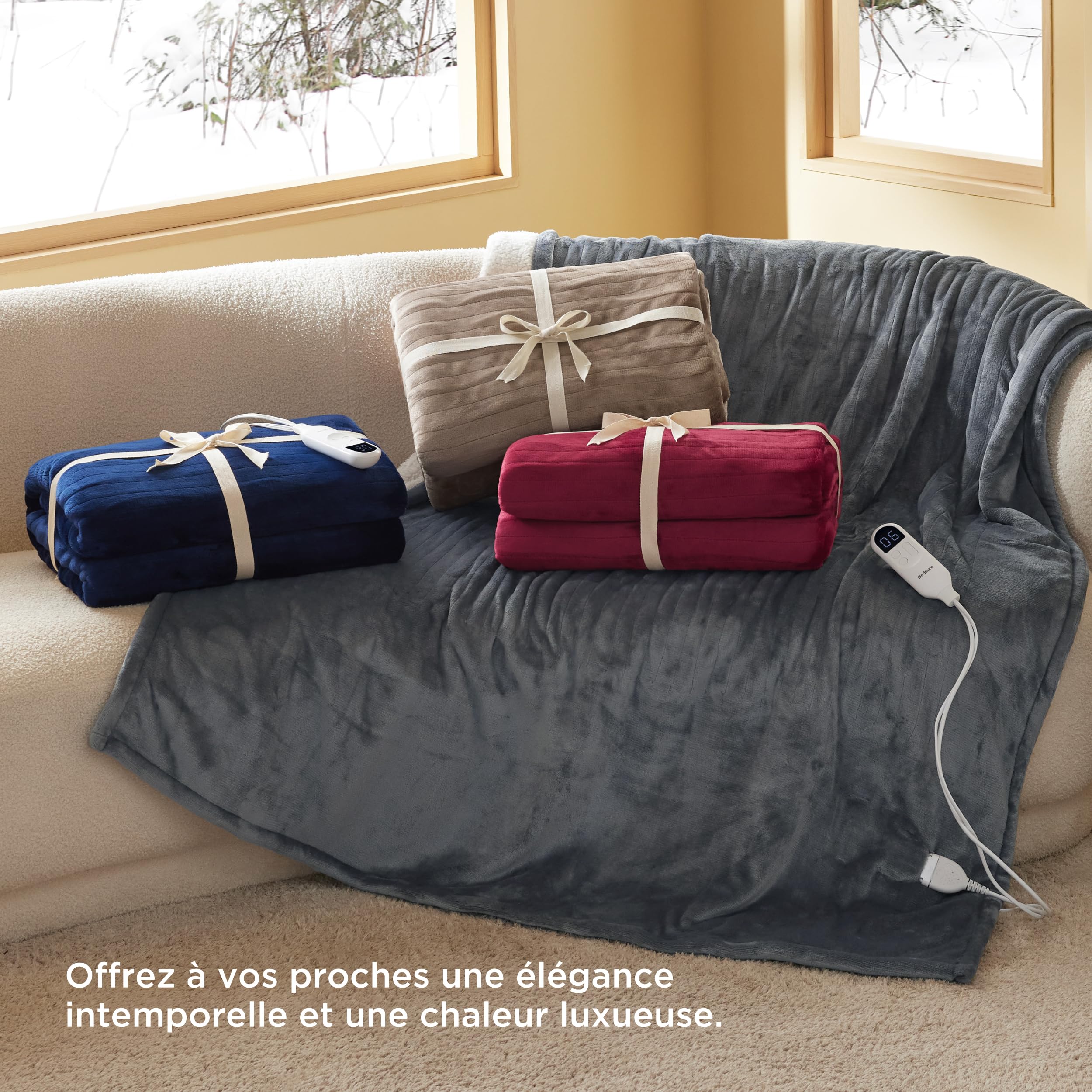 Bedsure Couverture chauffante 130x180 cm, arrêt Automatique, 6 Niveaux de Chaleur, minuterie 10h, Protection surchauffe 8h, Douce électrique pour Maison & Bureau, Gris