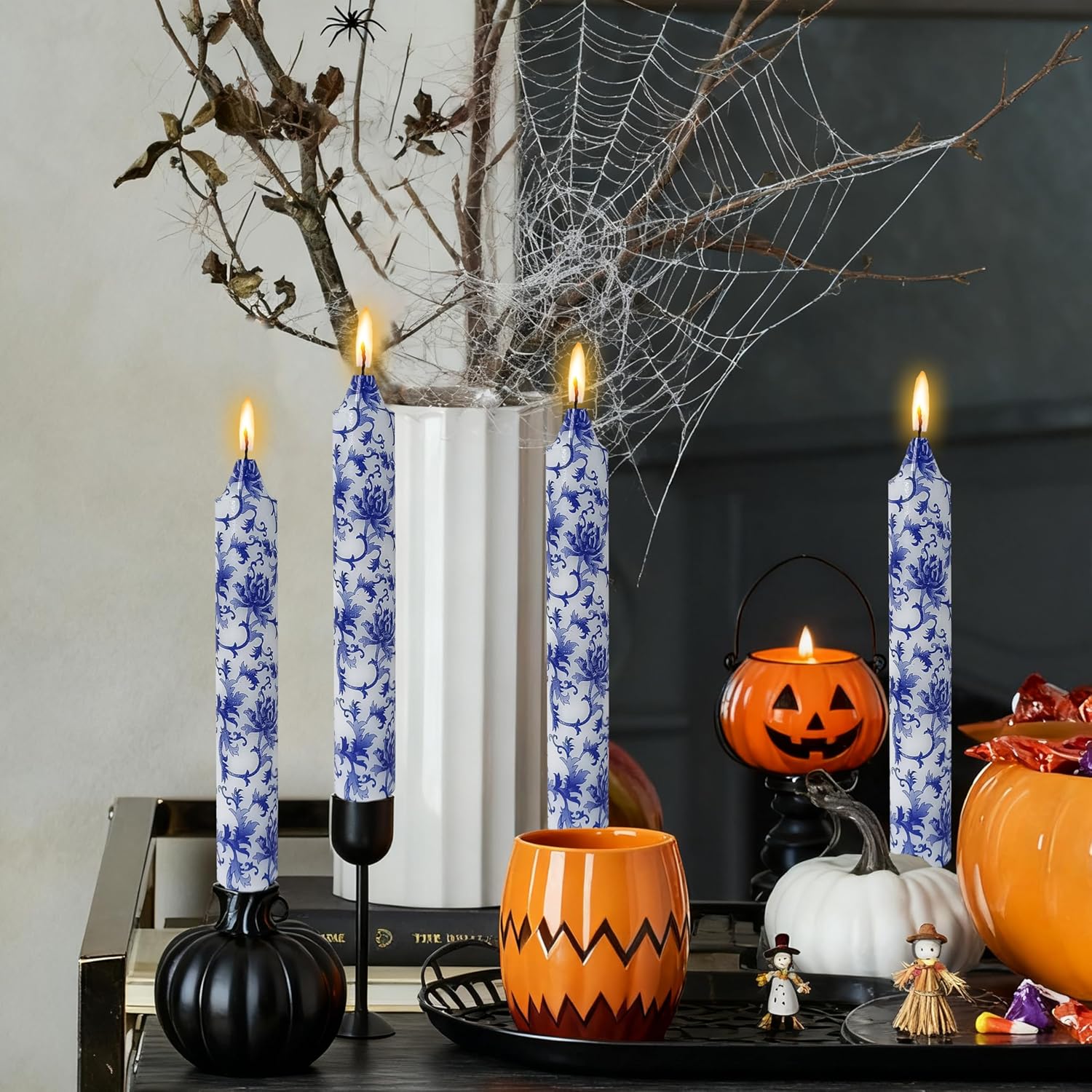 Flowers Printed Candle Taper Candles 9 inch - 4 Pack Blue and White Porcelain Candle Dripless, Smokeless, Unscented Tall Candlesticks - Perfect for Home Decor, Weddings, and Special Occasions
