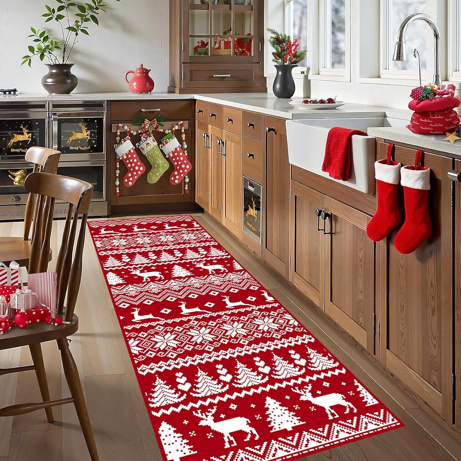 Boho Red Christmas Runner Rug, 2x7ft, Vintage Winter Home Decor Reindeer Snowflake Xmas Tree Area Rug, Cozy Durable Moroccan Red Indoor Carpet for Kitchen Entryway Farmhouse